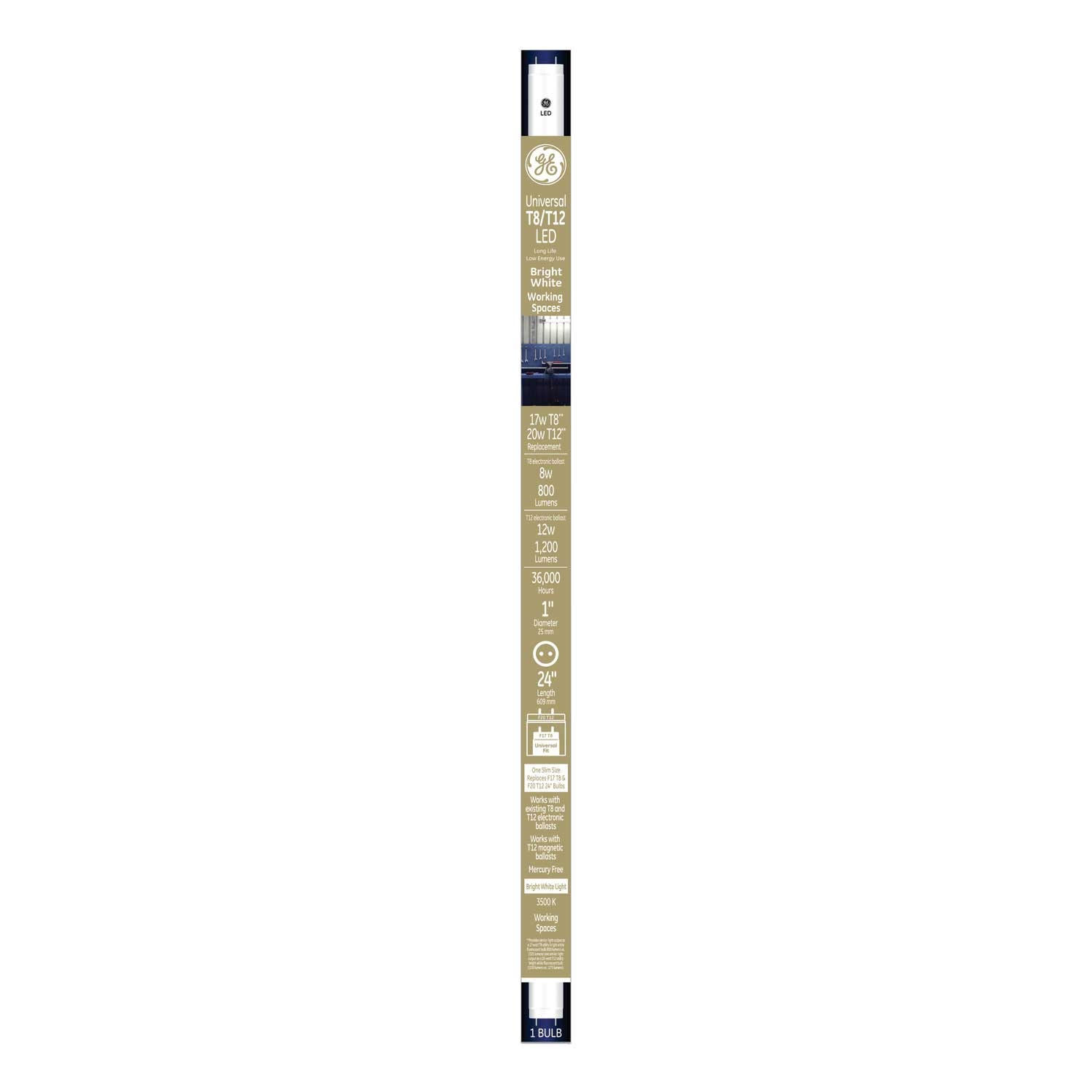 GE 20 Watts Bright White T8 LED Tube, 24 inch -- 6 per case