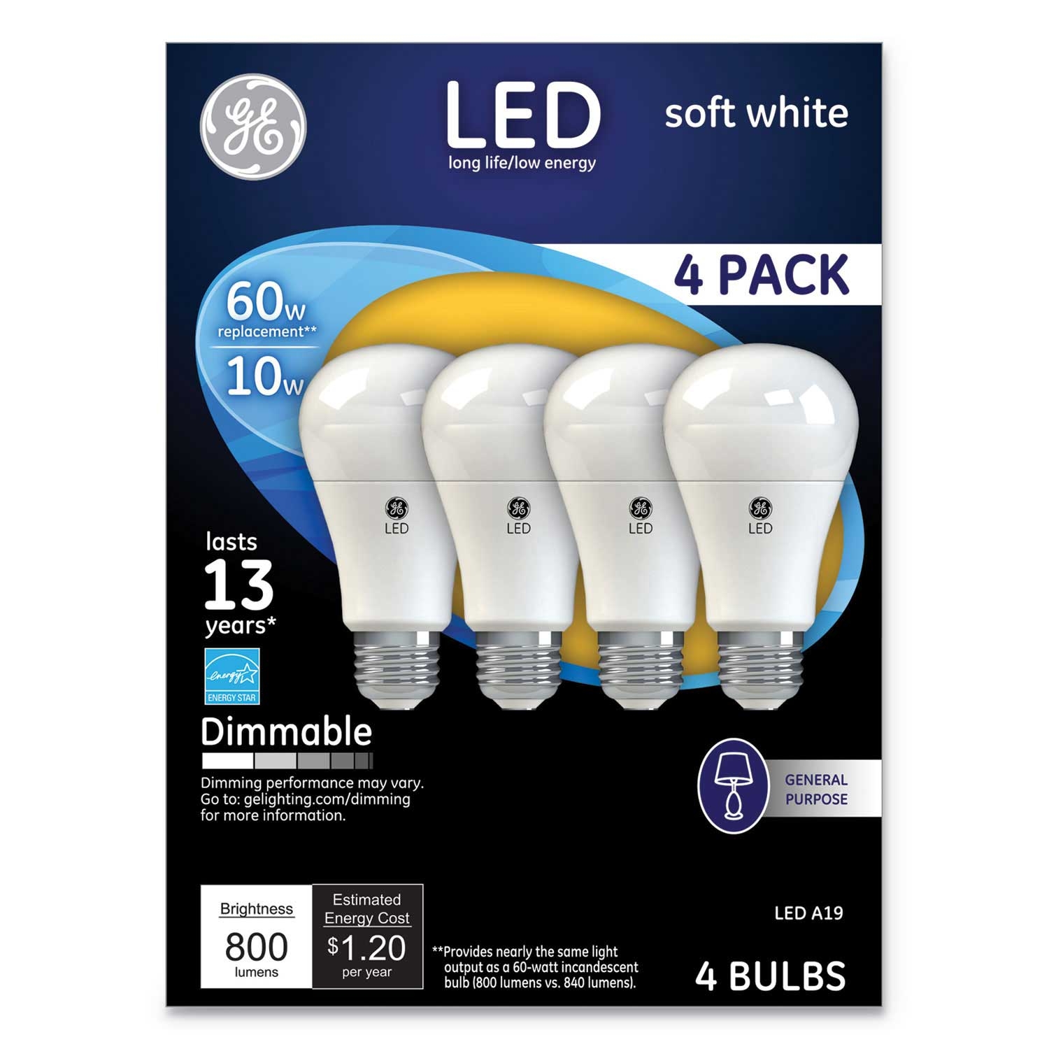 GE LED Soft White A19 Dimmable Light Bulb, 10 Watts - 4 count per pack -- 1 pack