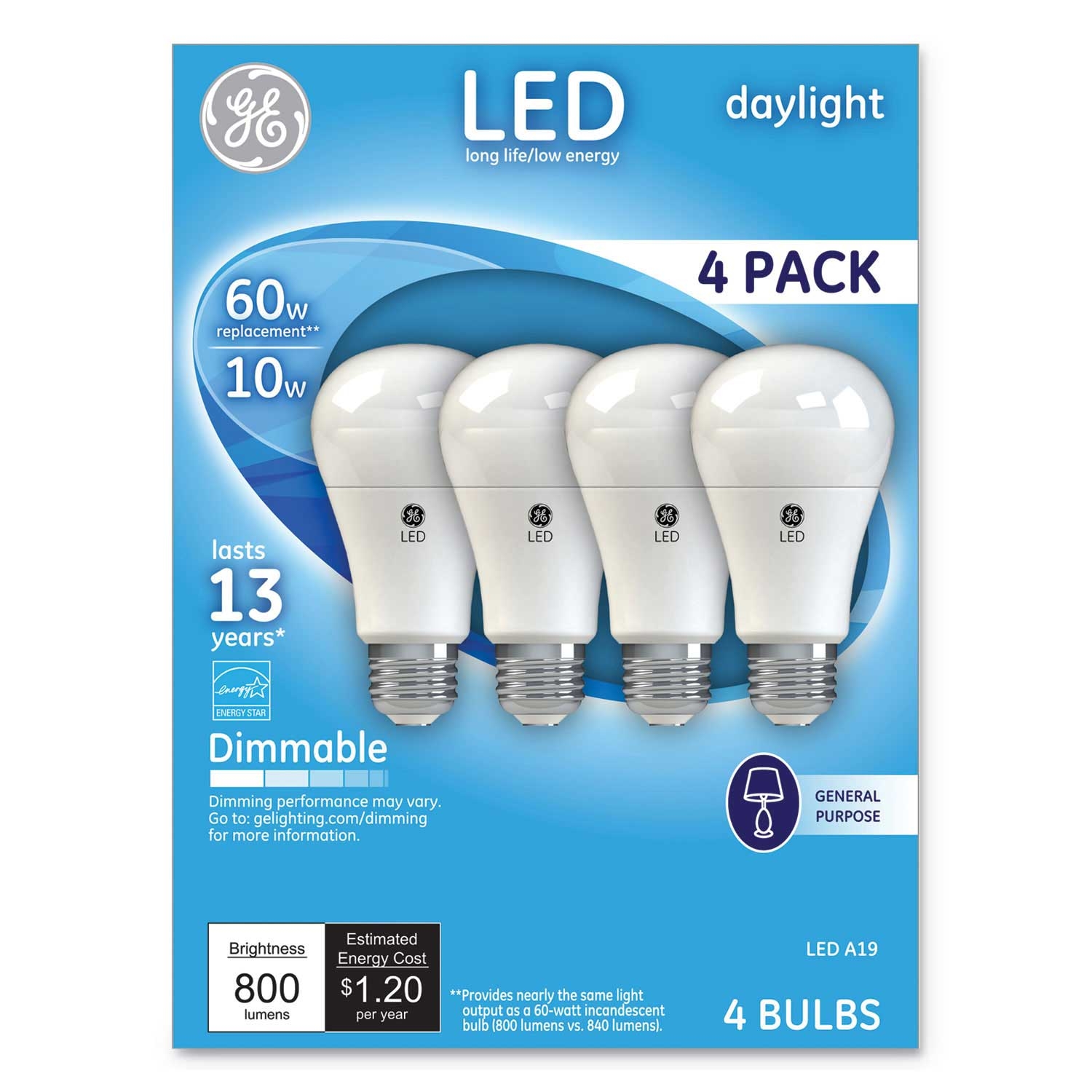 GE LED Daylight A19 Dimmable Light Bulb, 10 Watts - 4 count per pack -- 1 pack