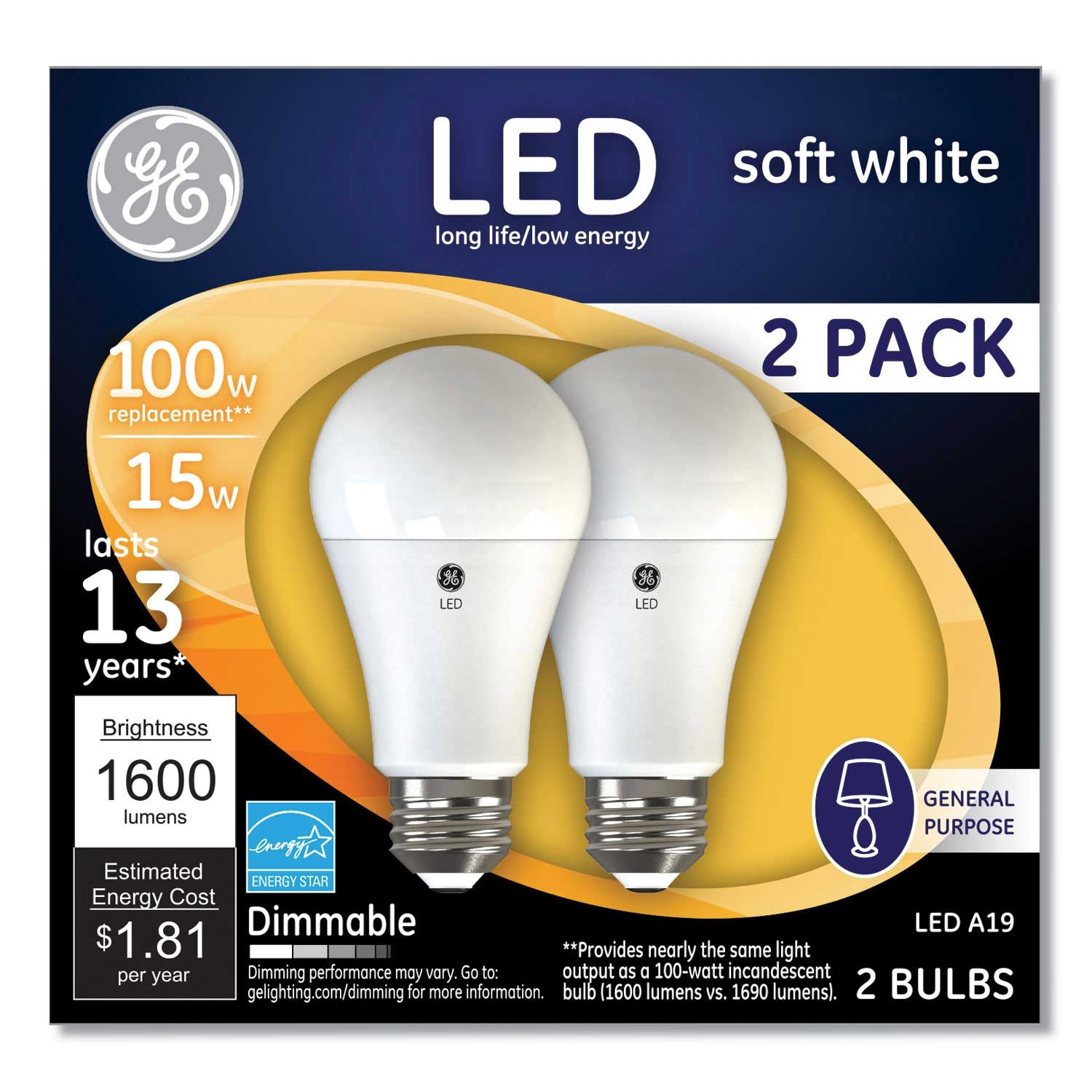 GE A19 Soft White LED Bulb, 15 Watts - 2 count per pack -- 1 pack