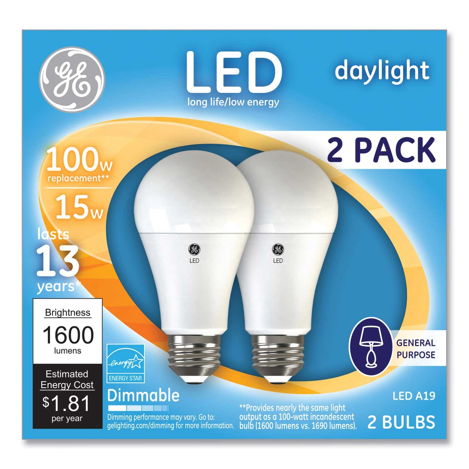GE A19 Daylight LED Bulb, 15 Watts - 2 count per pack -- 1 pack