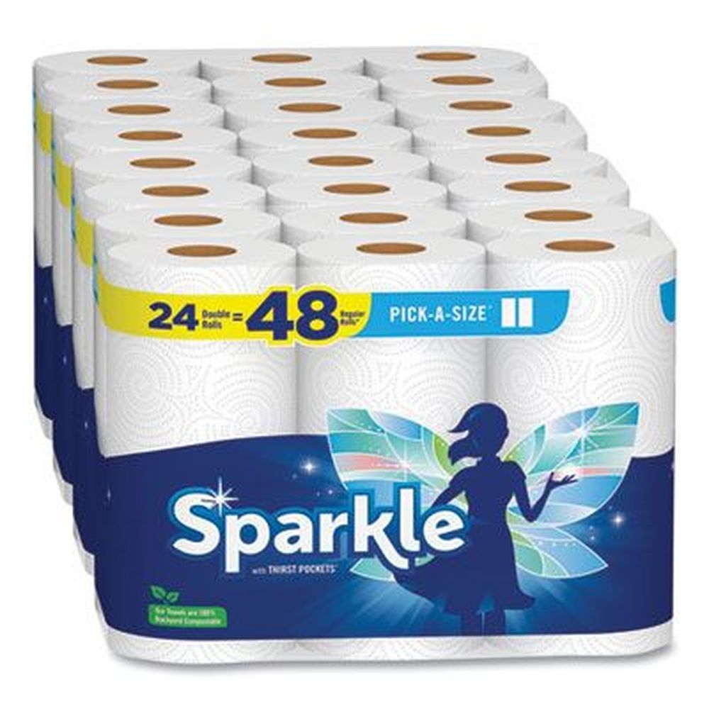 Sparkle Pick-A-Size White 2-Ply Perforated Kitchen Double Roll Towels with Thirst Pockets, 11 x 6 inch - 110 sheets per roll -- 24 rolls per pack