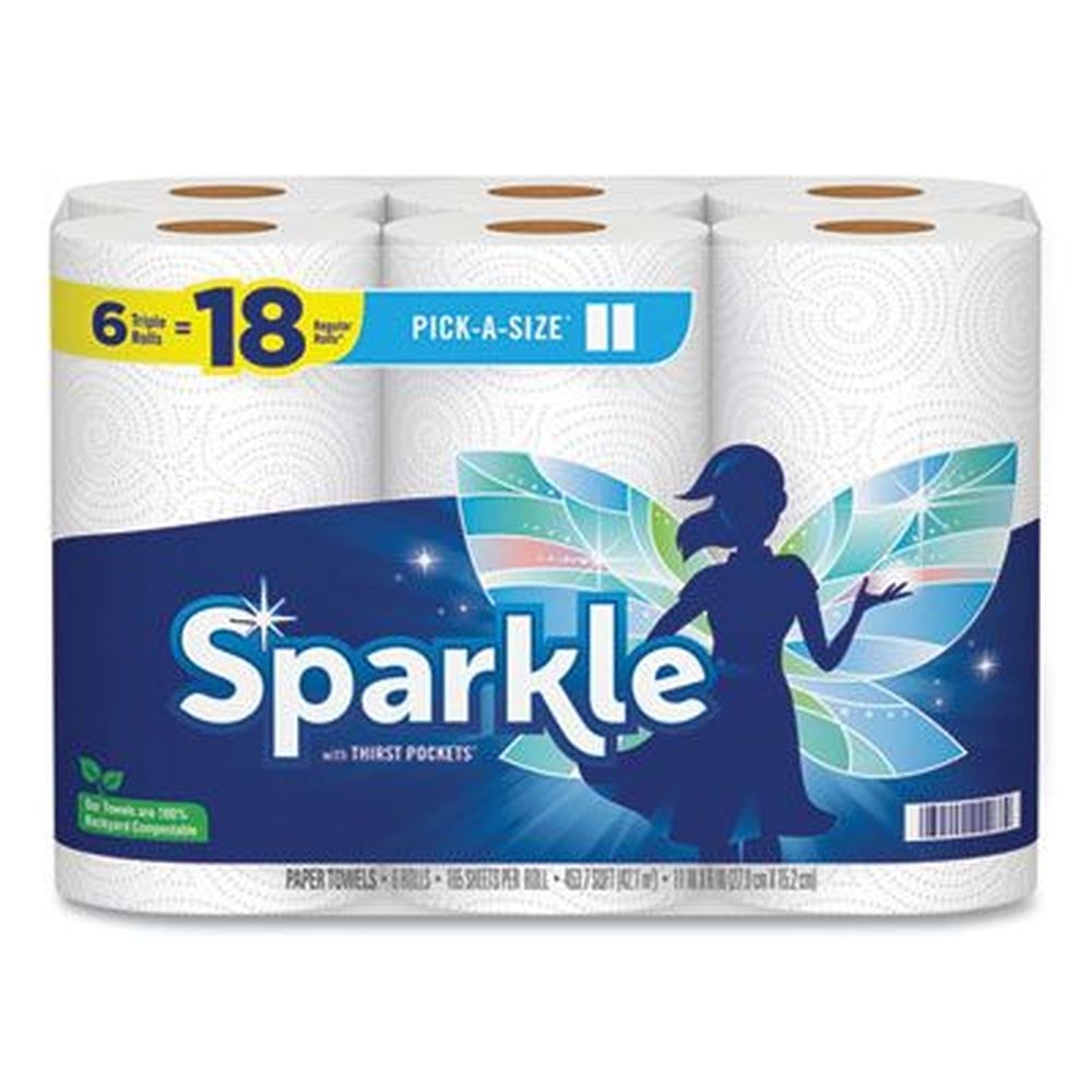 Sparkle Pick-A-Size White 2-Ply Perforated Kitchen Triple Roll Towels with Thirst Pockets, 11 x 6 inch - 165 sheets per roll -- 6 rolls per pack