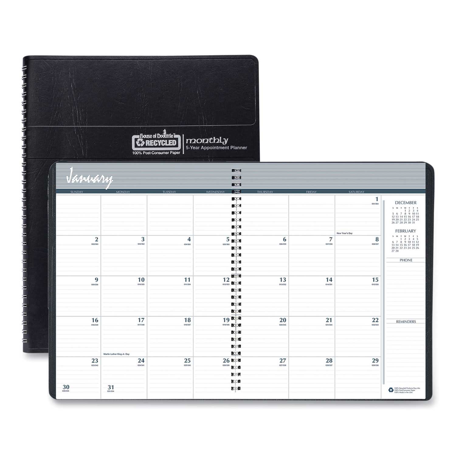 House of Doolittle Black Cover Recycled Monthly 5-Year/62-Month Planner, 11 x 8.5 inch