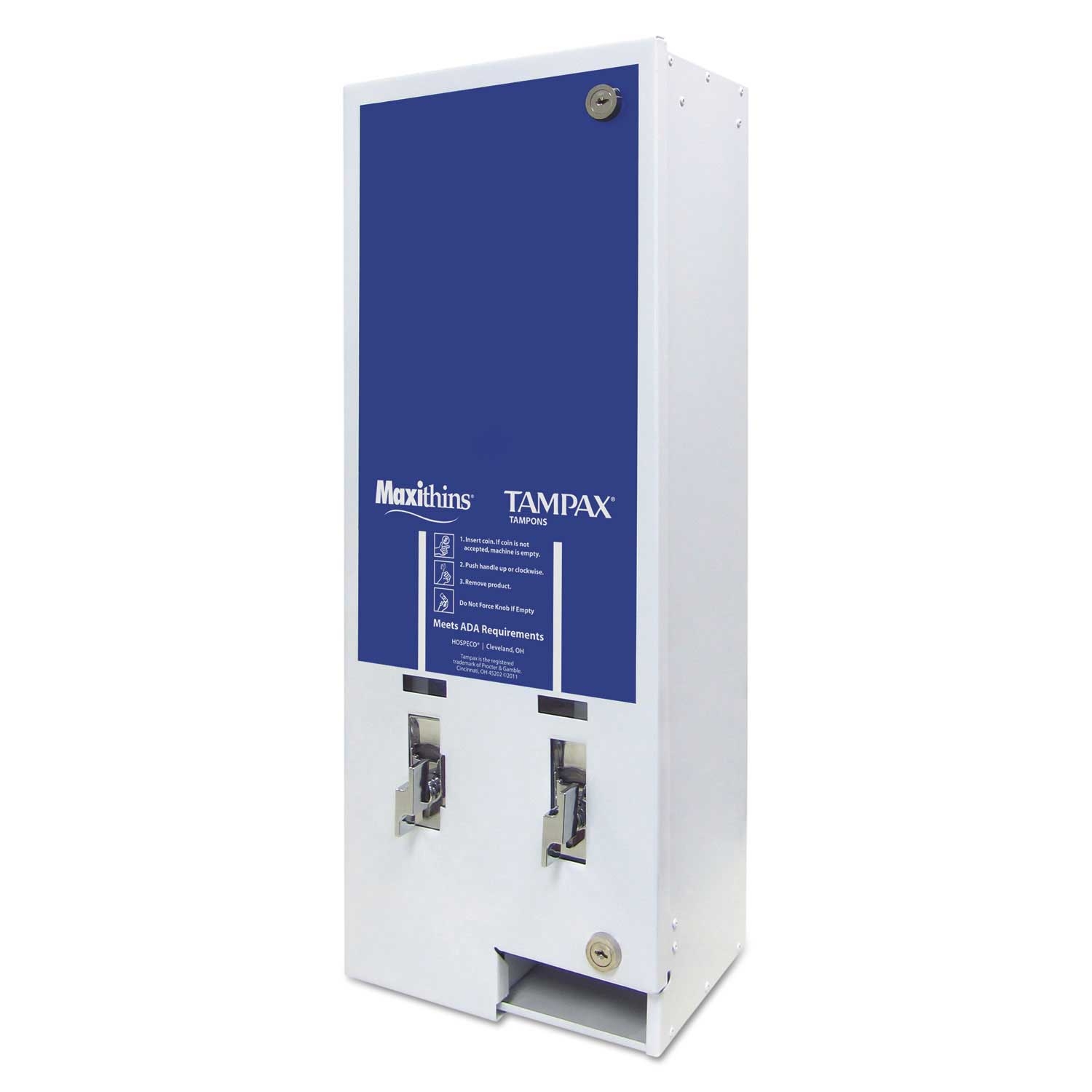 Hospeco White and Blue Metal Maxithins and Tampax Dual Channel Vendor Dispenser, 11 1/8 x 7 5/8 x 26 3/8 inch