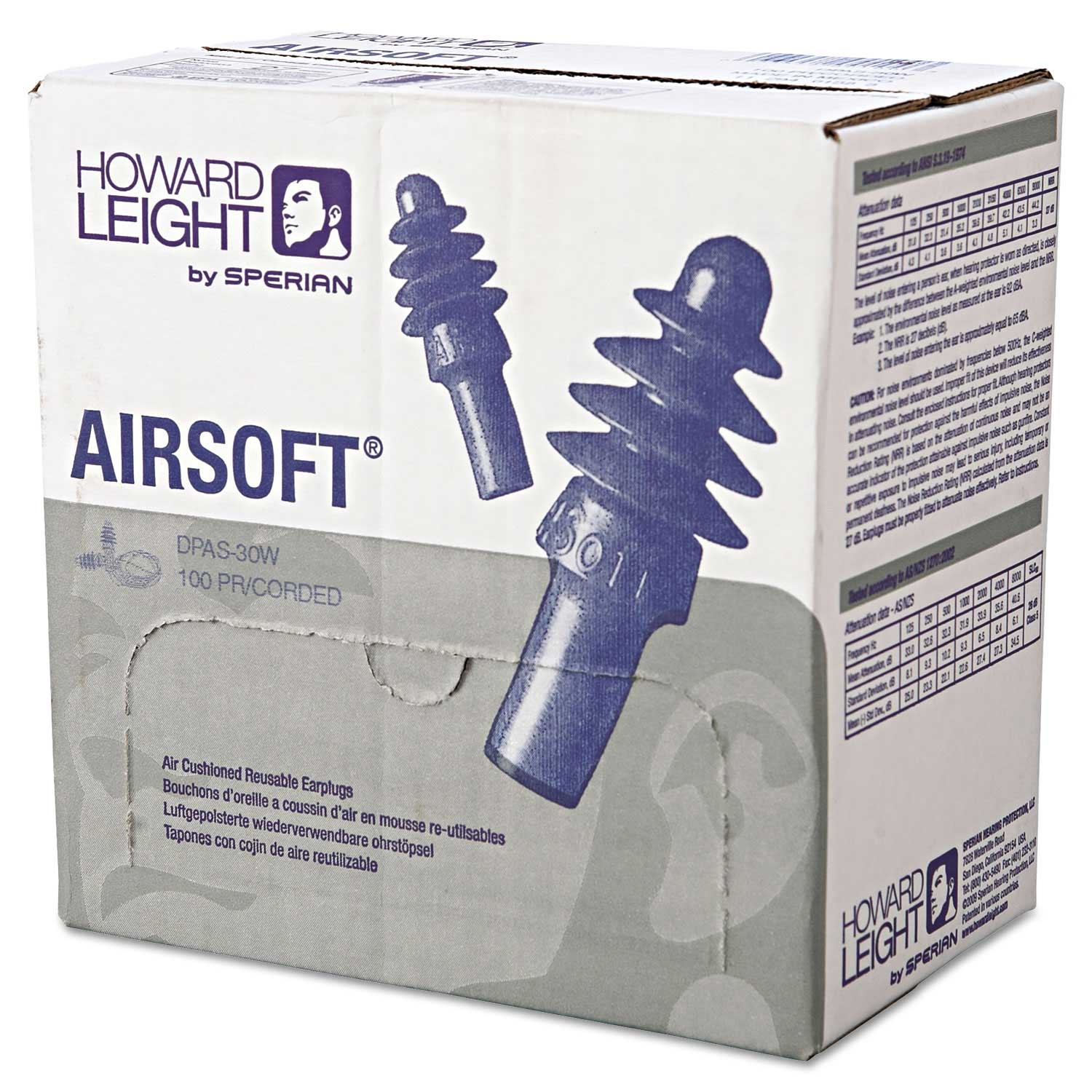 Howard Blue White Nylon Cord Airsoft DPAS 30W Multiple Use Earplugs - 100 pairs per box -- 1 box per case