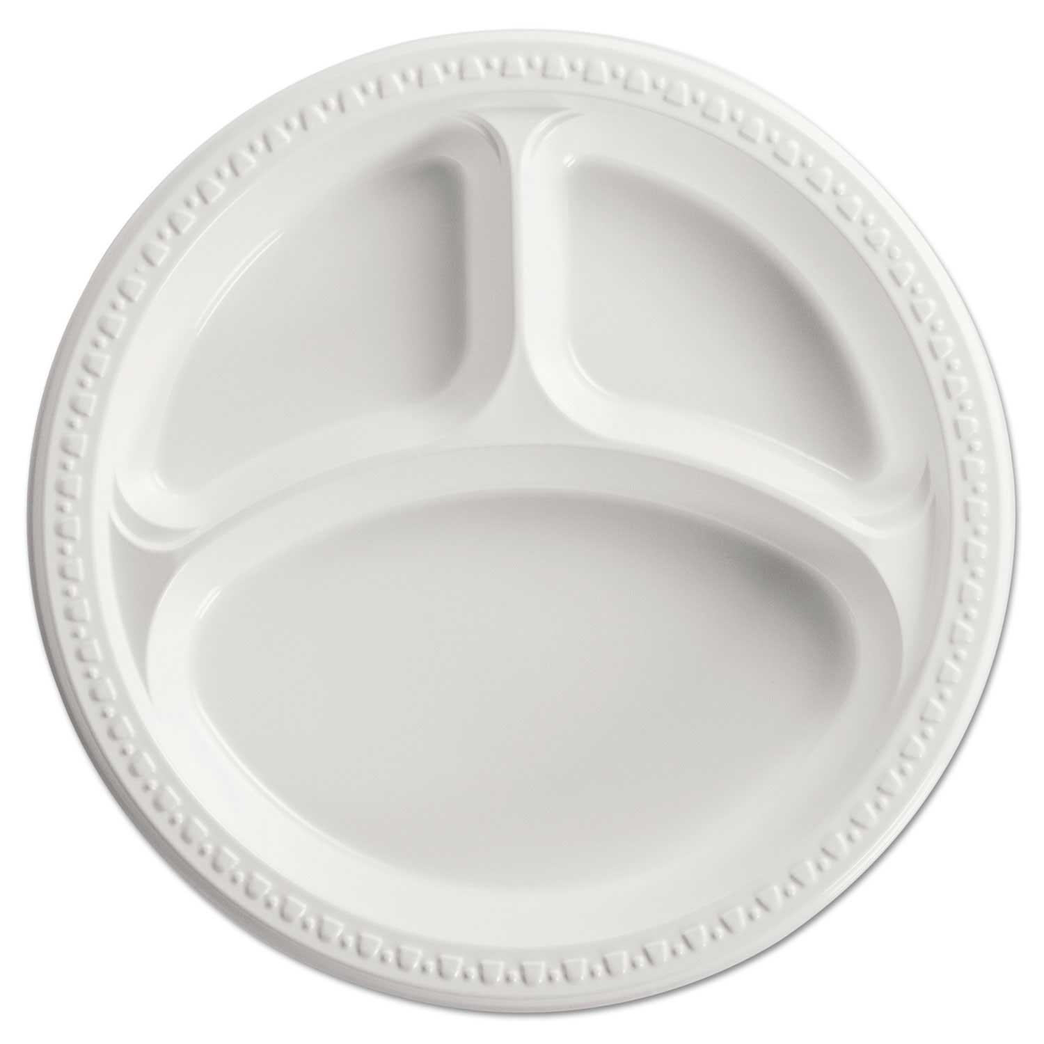 Chinet White Round Heavyweight Plastic 3 Compartment Plate, 10 1/4 inch Diameter - 125 per pack -- 4 packs per case