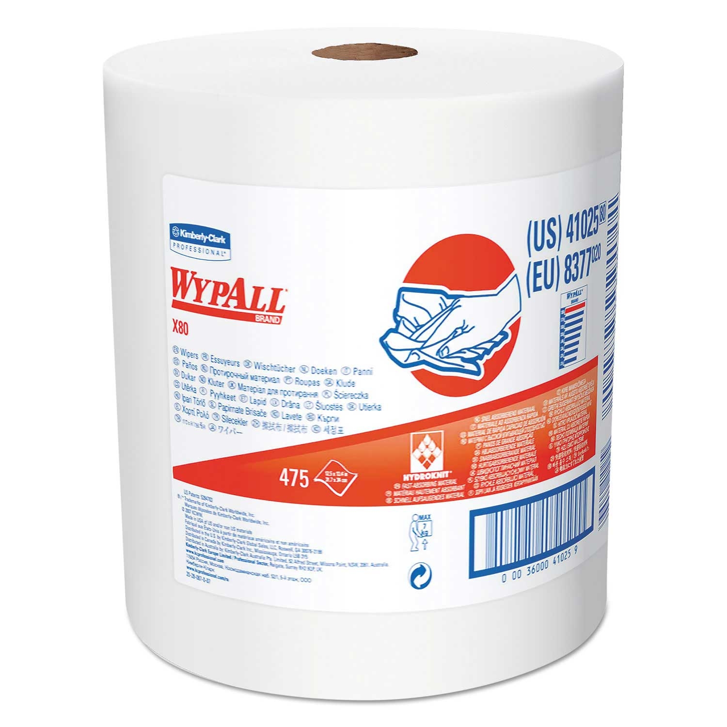WypAll X80 Hydroknit Unscented White Cloth, 12 1/2 X 13.4 inch - 475 per roll -- 1 roll per case