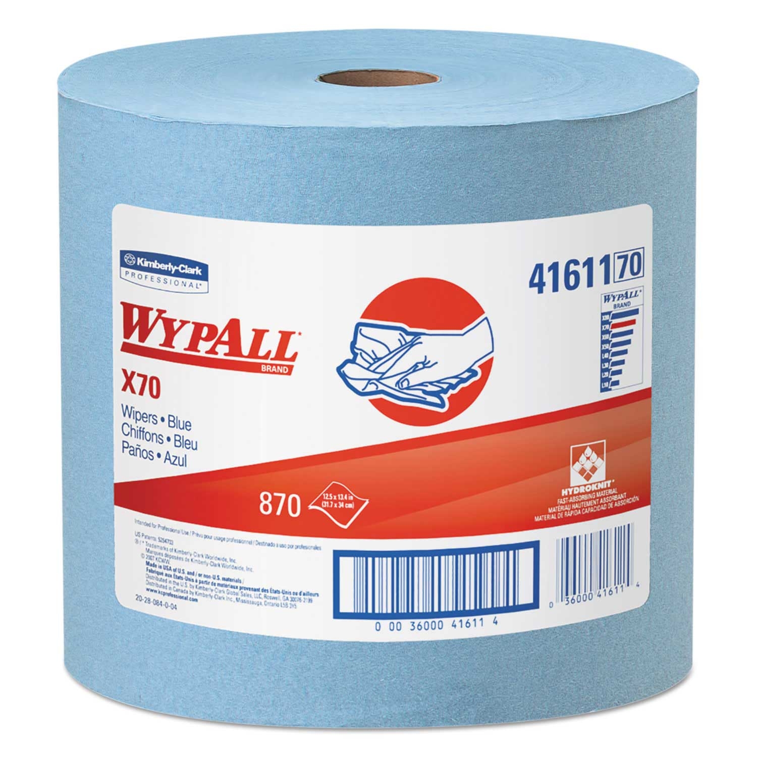 WypAll X70 Hydroknit Unscented Blue Cloth, 12 1/2 x 13 2/5 inch - 870 per roll -- 1 roll per case