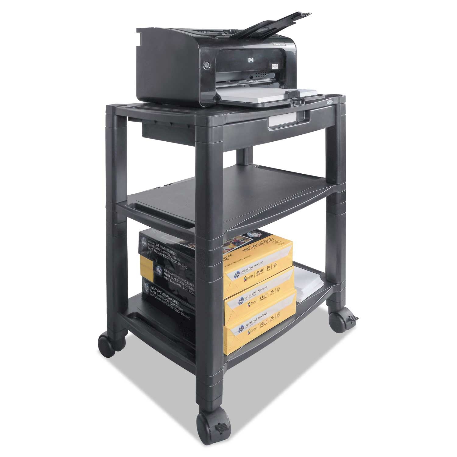 Kantek Black Three-Shelf Mobile Printer Stand, 20 x 13.25 x 24.5 inch