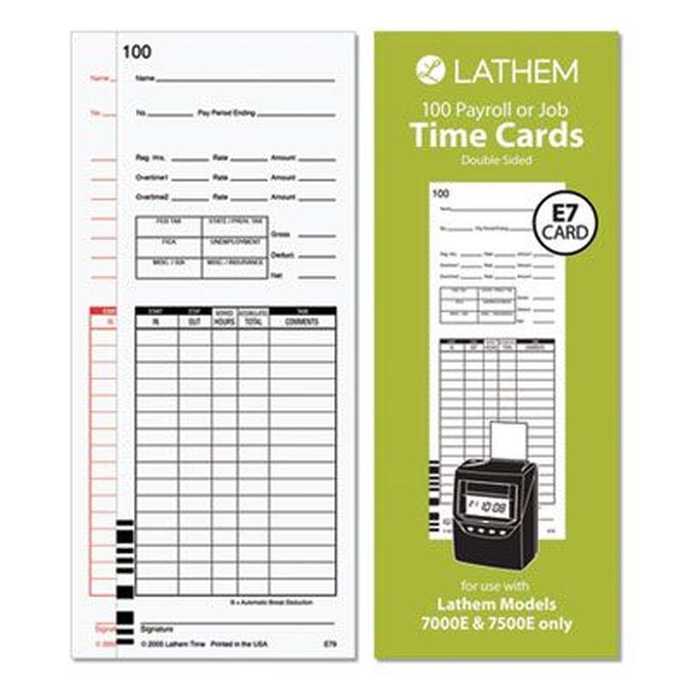 Lathem Two Sides 7000e/7500e Time Clock Card, 3.38 x 8.78 inch -- 100 per pack