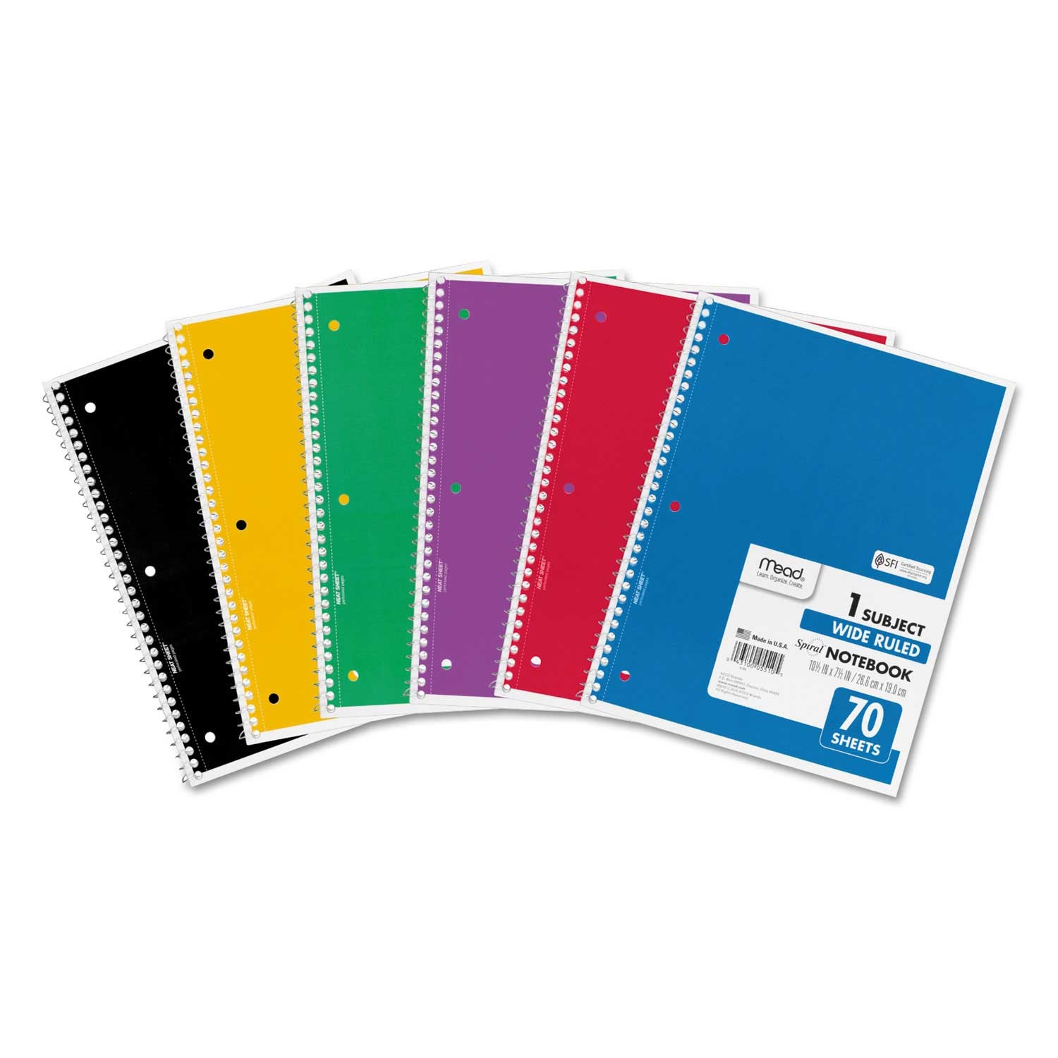 Mead 1 Subject Wide / Legal Rule 70 Sheets Spiral Notebook, 10.5 x 8 inch - 6 per pack -- 1 pack per case
