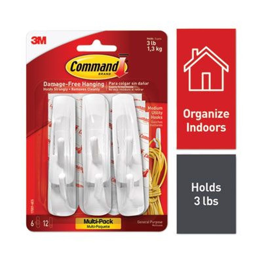 Command White Plastic Medium General Purpose Hooks Multi-Pack, 3 Pound Capacity - 6 Hooks and 12 Strips per pack