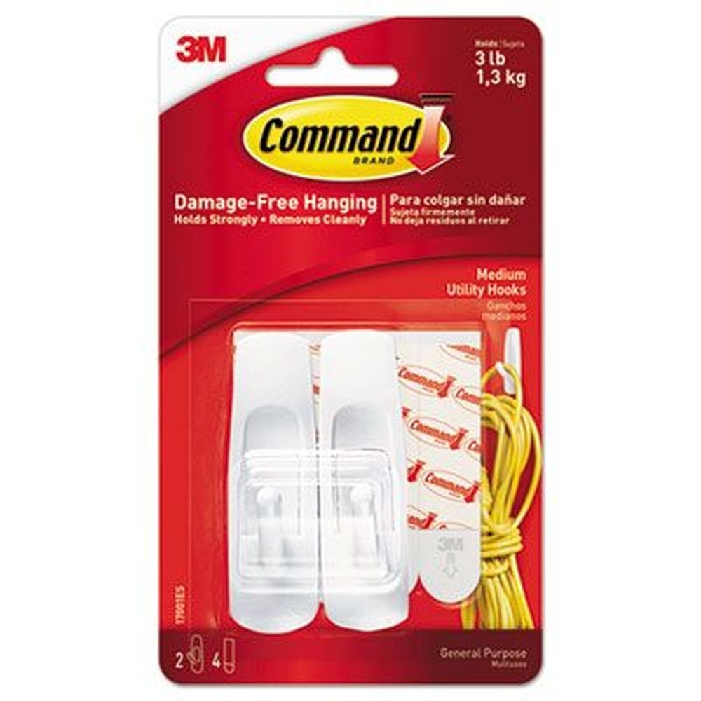 Command Plastic White Medium General Purpose Hooks and Strips, 3 Pound Capacity - 2 Hooks and 4 Strips per pack