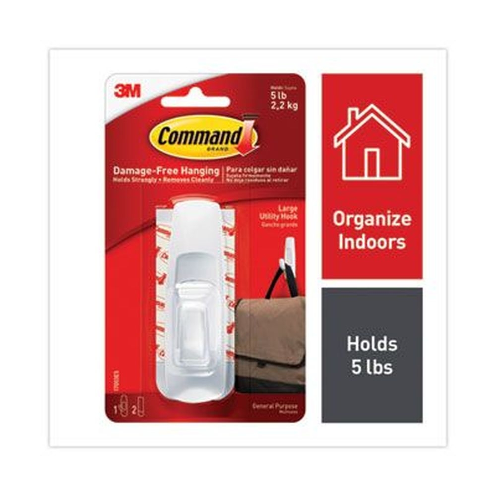 Command Plastic White Large General Purpose Hook and Strips, 5 Pound Capacity - 1 Hook and 2 Strips per pack