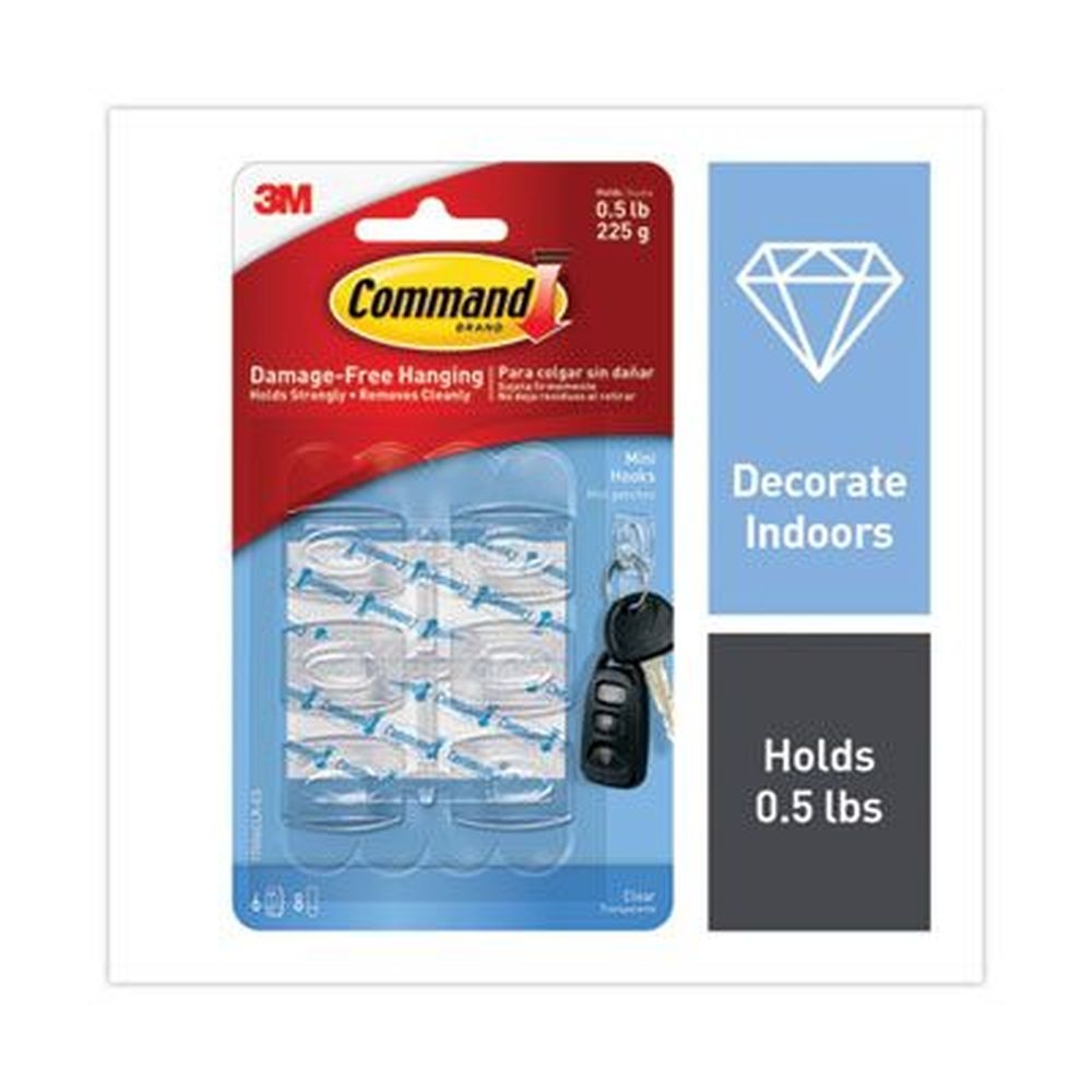 Command Clear Plastic Mini Hooks and Strips, 0.5 Pound Capacity - 6 Hooks and 8 Strips per pack