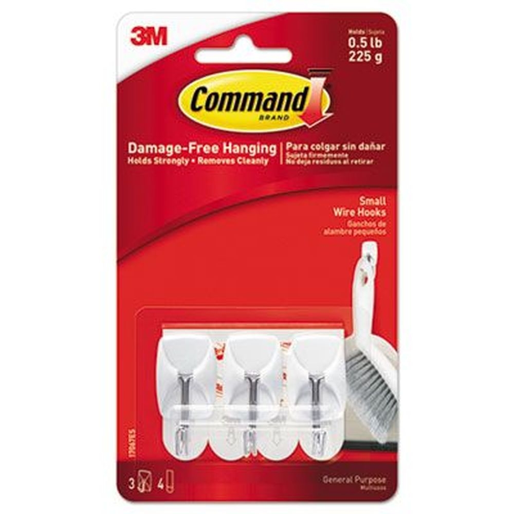 Command White Small Metal General Purpose Wire Hooks, 0.5 Pound Capacity - 3 Hooks and 6 Strips per pack