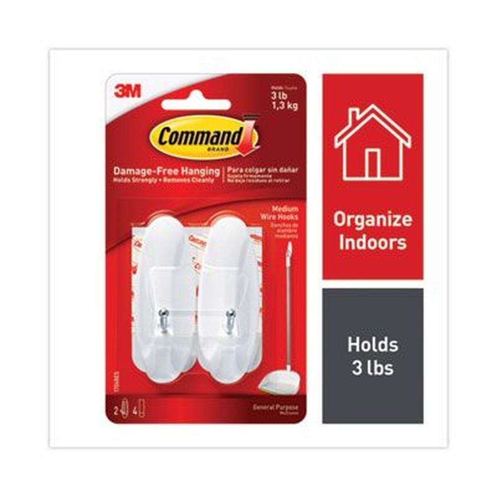 Command White Medium Metal General Purpose Wire Hooks, 3 Pound Capacity - 2 Hooks and 4 Strips per pack