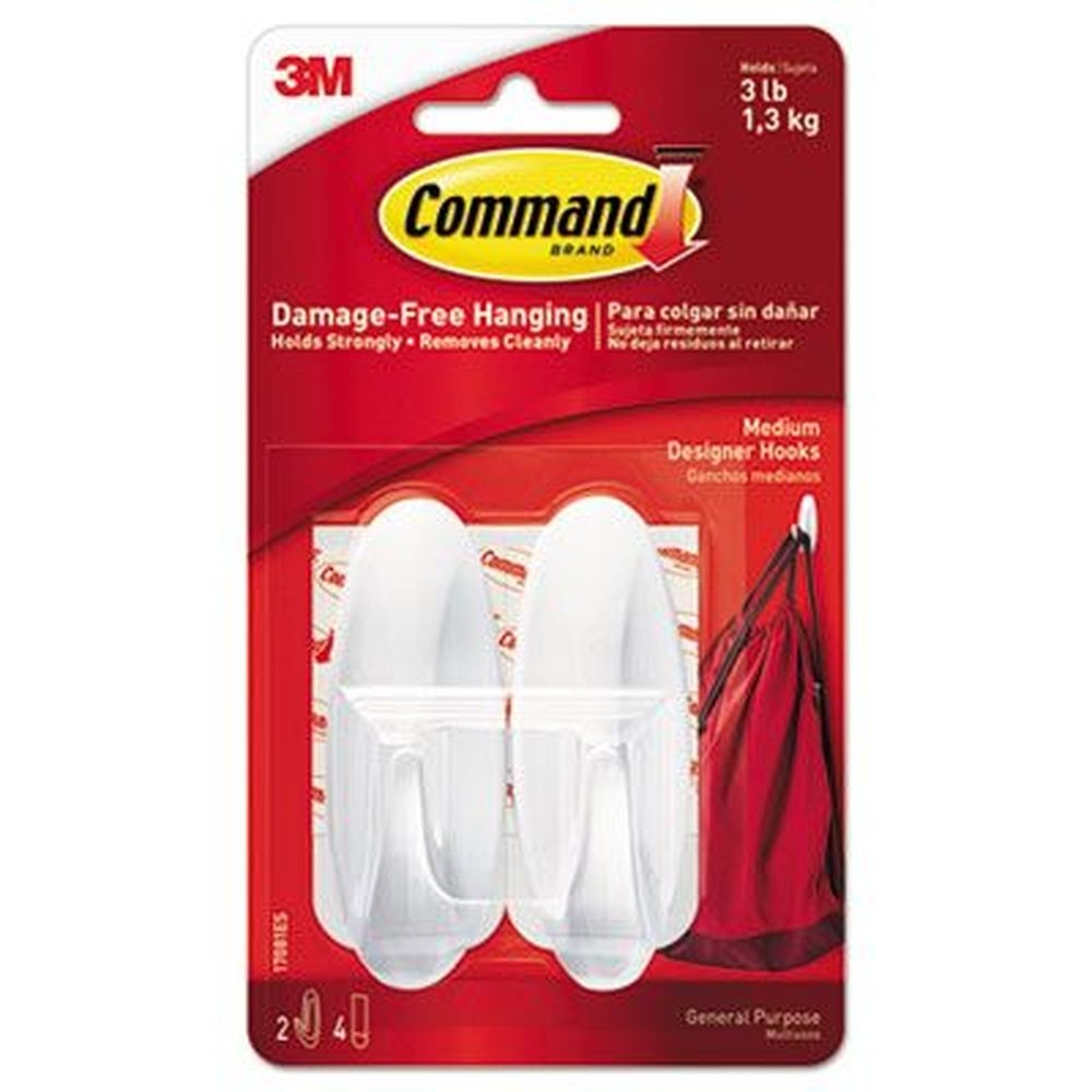 Command White Medium Plastic General Purpose Designer Hooks, 3 Pound Capacity - 2 Hooks and 4 Strips per pack