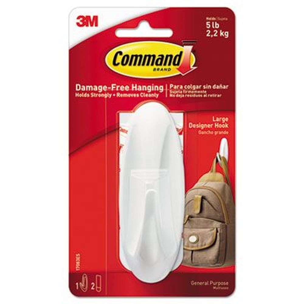 Command White Large Plastic General Purpose Hooks, 5 Pound Capacity -1 Hook and 2 Strips per pack