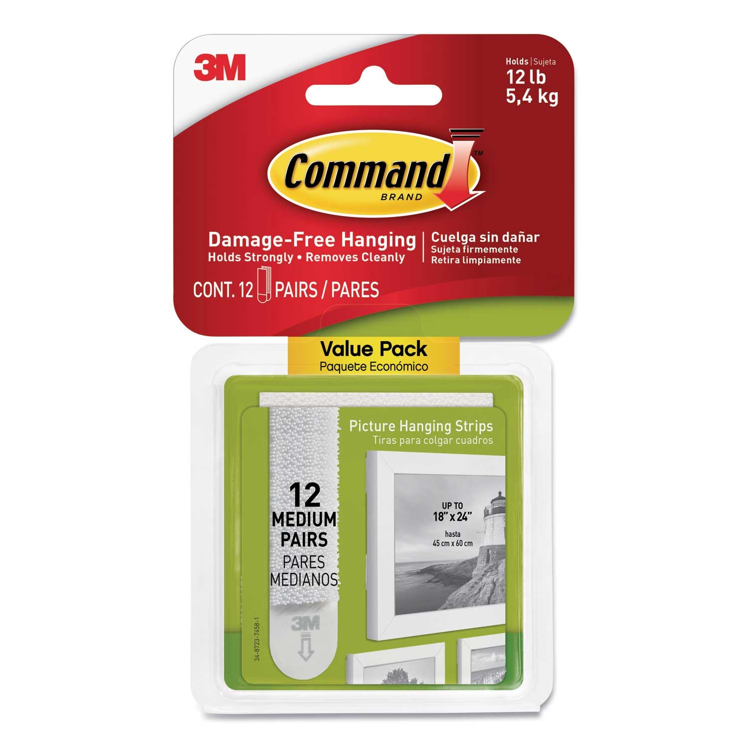 Command Medium Removable White Picture Hanging Strips - Holds Up To 12 Pound, 0.75 x 2.75 inch - 12 pairs per pack -- 1 pack