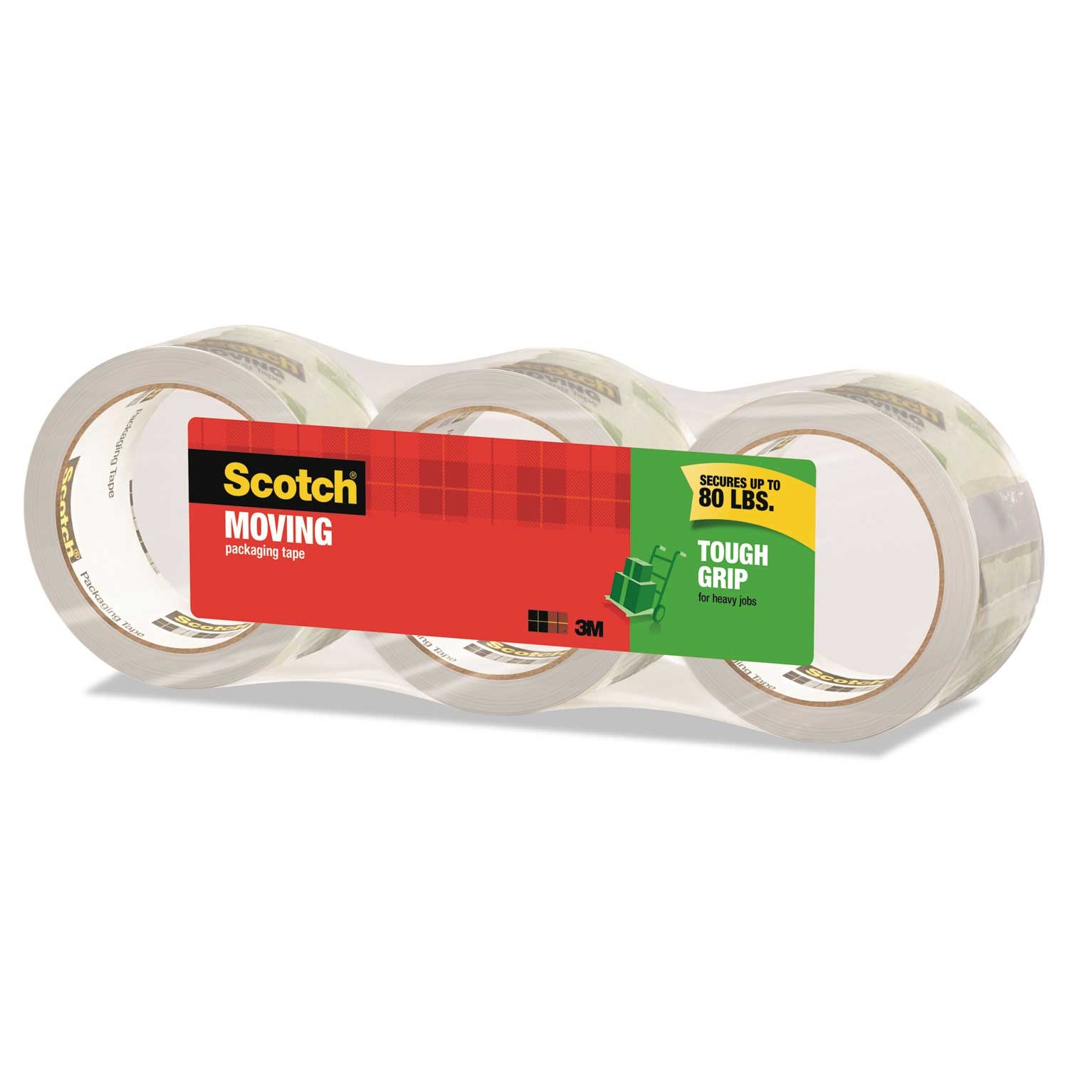 Scotch Clear 3 inch Core Tough Grip Moving Packaging Tape with Dispenser, 1.88 inch x 38.2 Yard - 3 per pack -- 1 pack per case