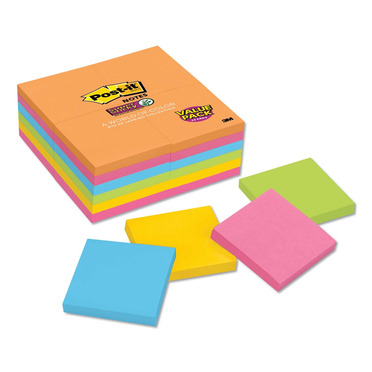 Post-it Super Sticky Rio de Janeiro Colors 90 Sheets Note Pad, 3 x 3 inch -- 24 per case