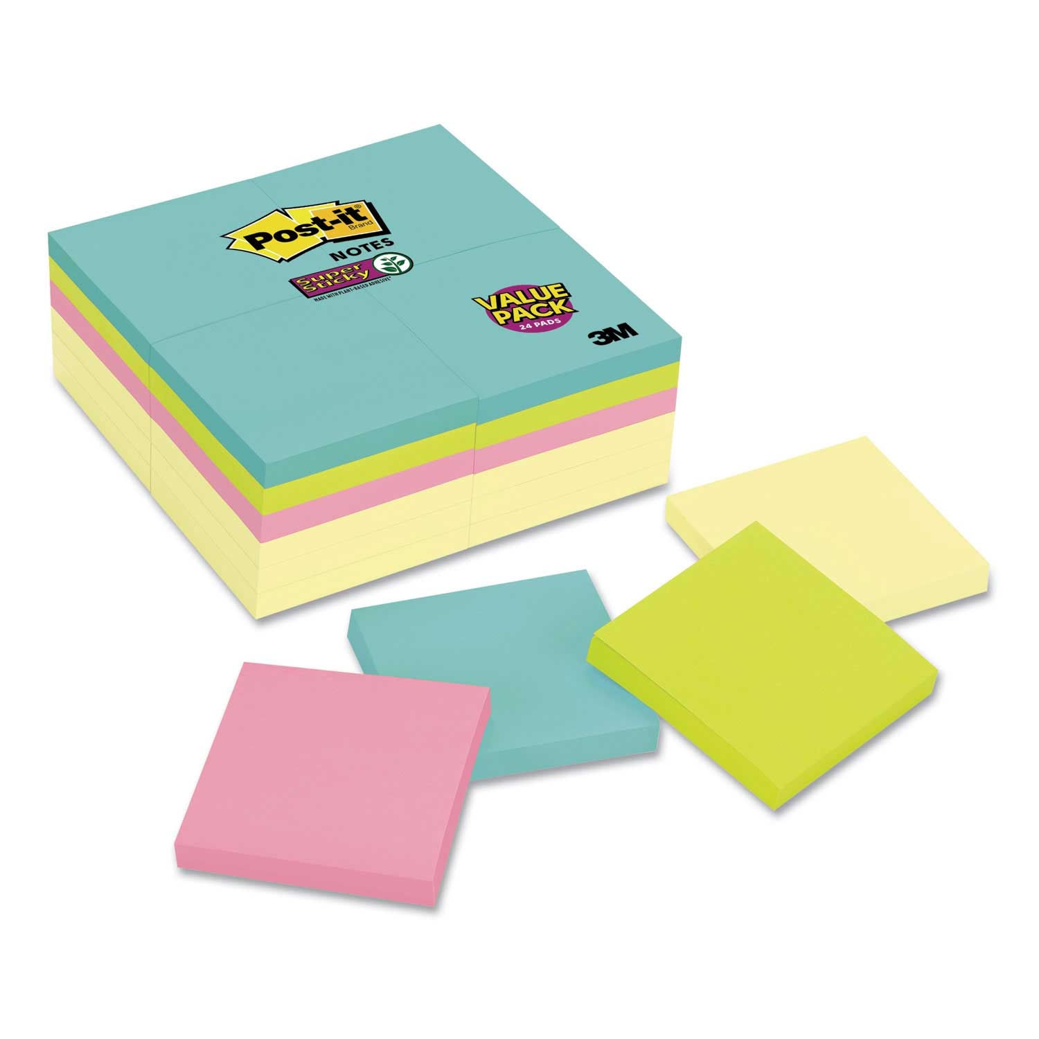 Post-it Super Sticky Canary and Miami 90 Sheets Note Pad, 3 x 3 inch -- 24 per case