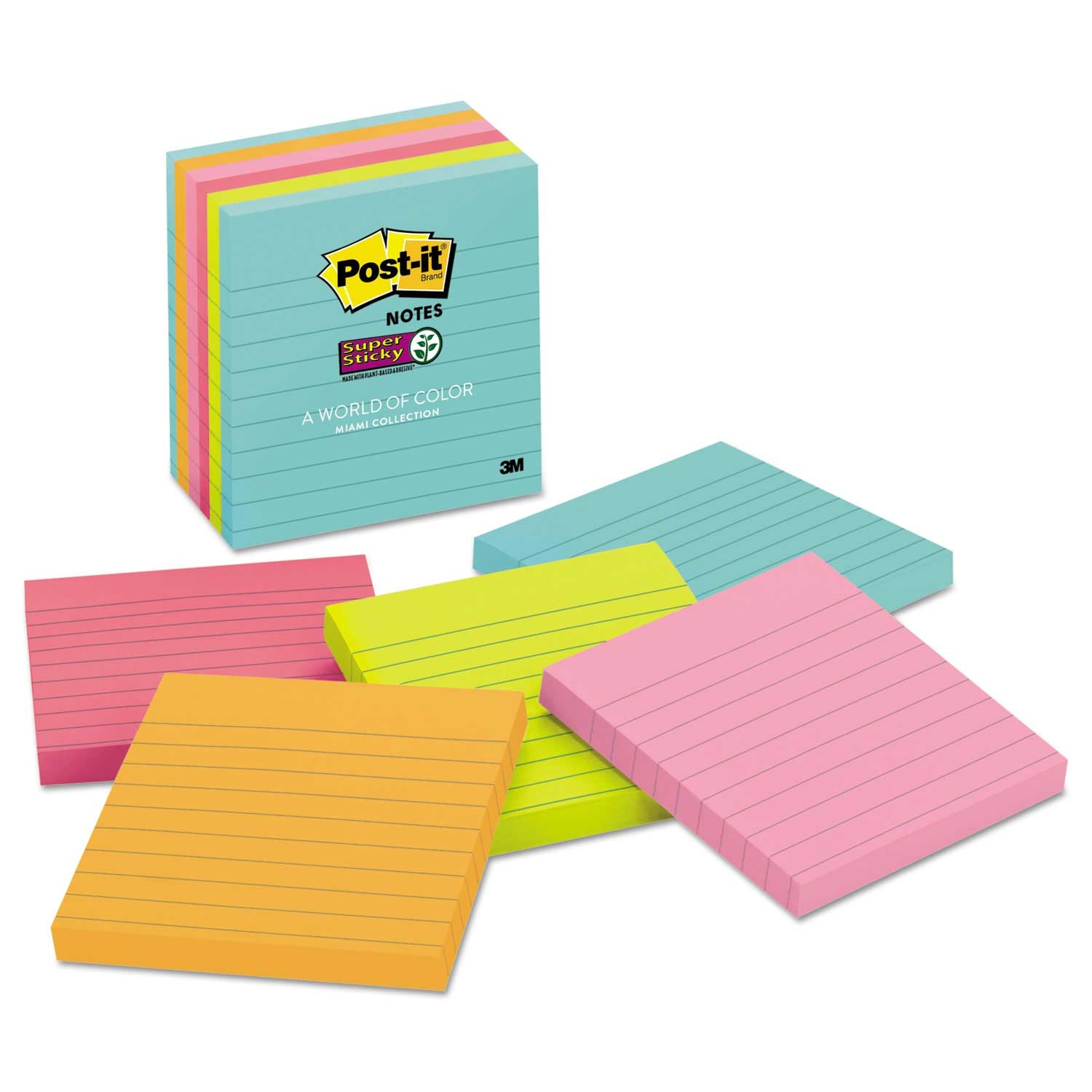 Post-it Super Sticky Lined Miami Colors 90 Sheets Note Pad, 4 x 4 inch - 6 per pack -- 1 pack per case