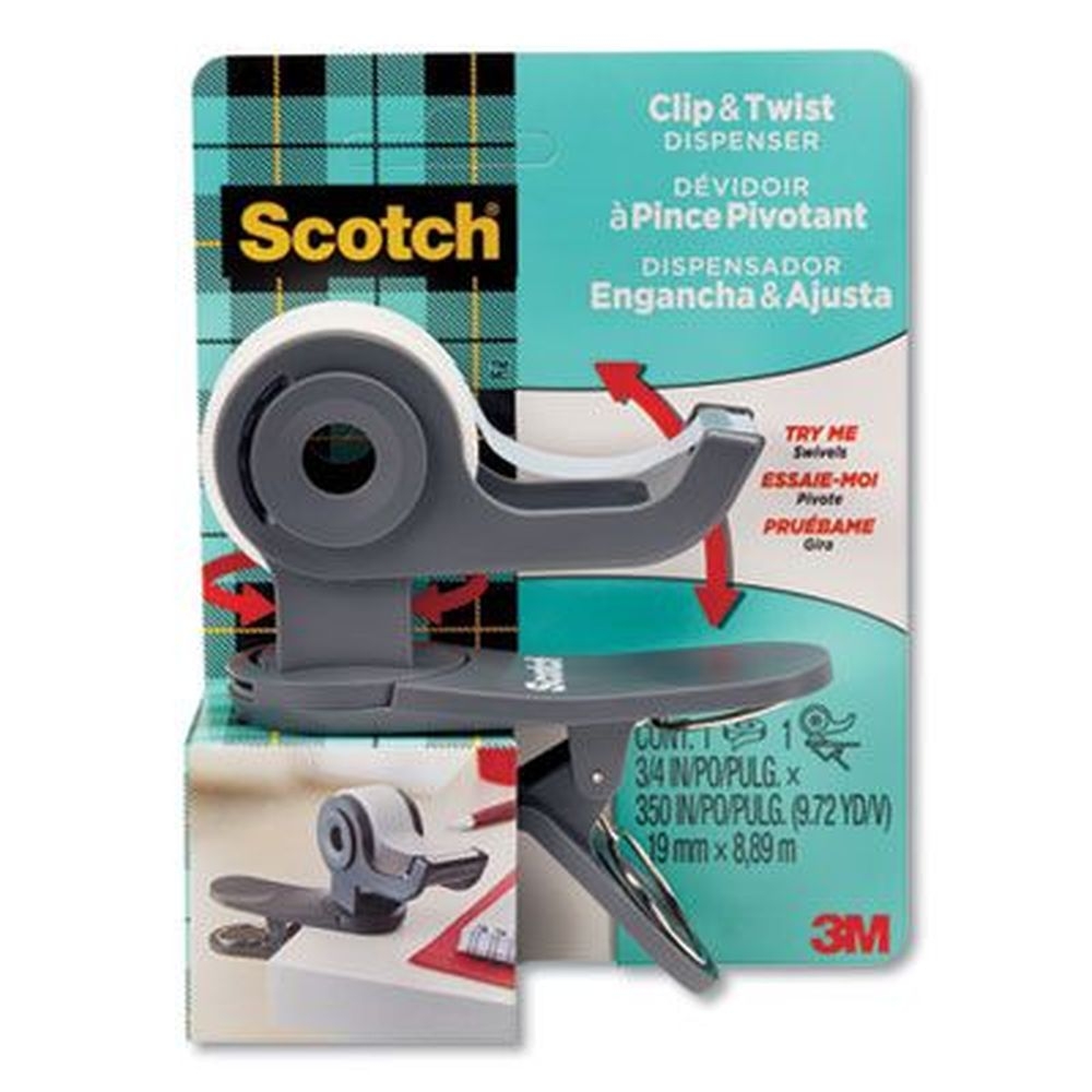 Scotch Gray Plastic Clip and Twist Desktop Tape Dispenser with Tape Roll, 1 inch Core