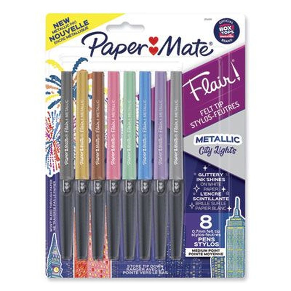 Paper Mate Assorted Ink and Barrel Colors Medium 0.7 mm Flair Metallic Porous Point Pen Stick -- 8 per pack