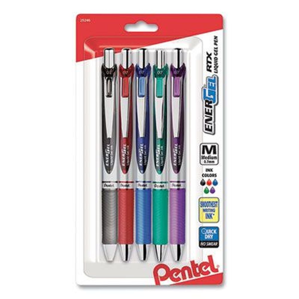 Pentel EnerGel RTX Medium 0.7 mm Retractable Assorted Ink and Barrel Colors Gel Pen -- 5 per pack