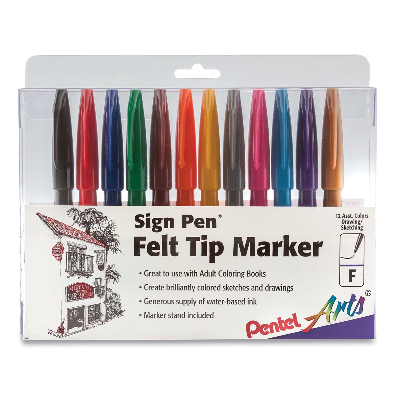 Pentel Arts Assorted Color Sign Pen Color Marker - 12 per set -- 1 set