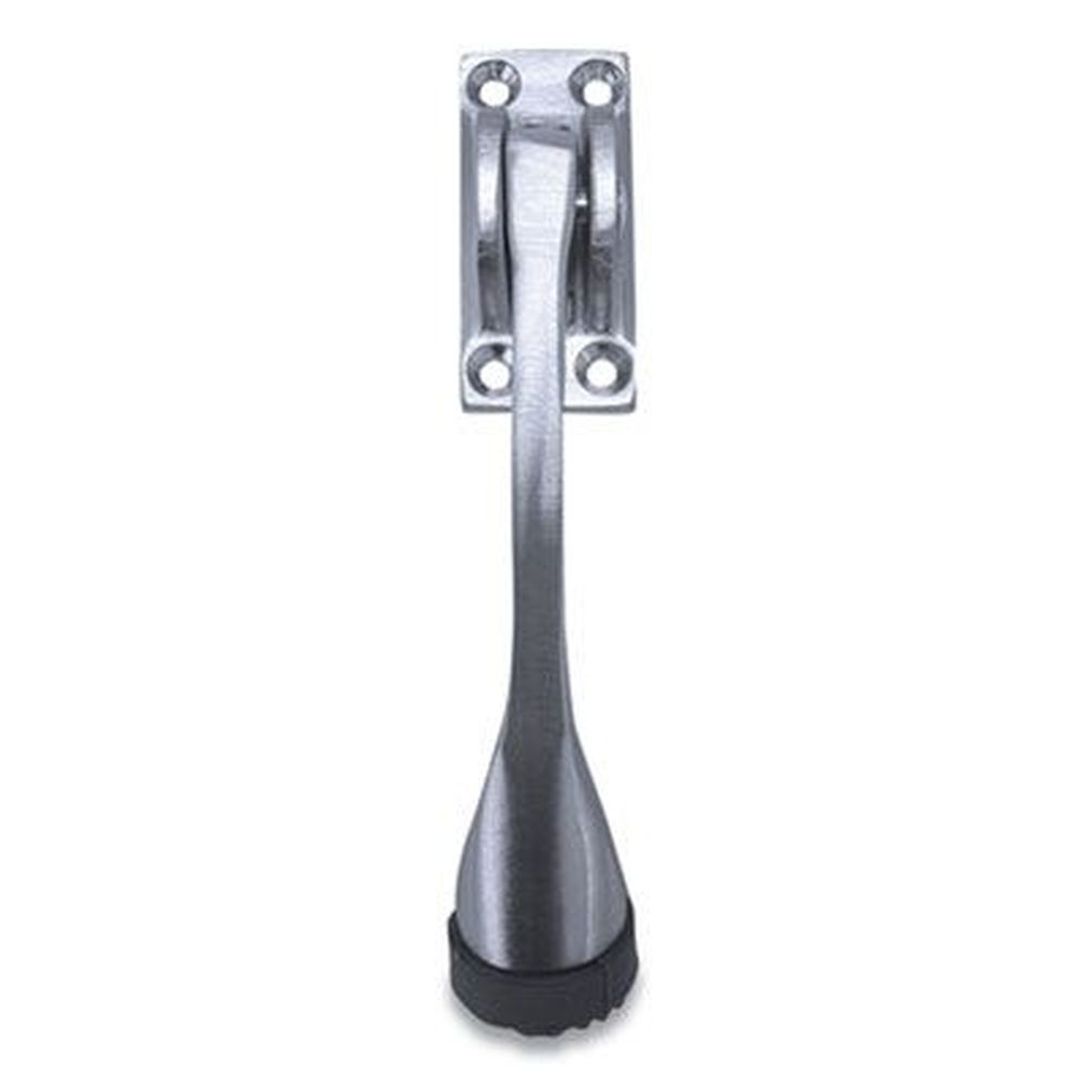 Tell Satin Chrome Hinged Kick Down Door Stop with Rectangular Four Point Mounting Plate, 0.75 inch Wide Door Mount