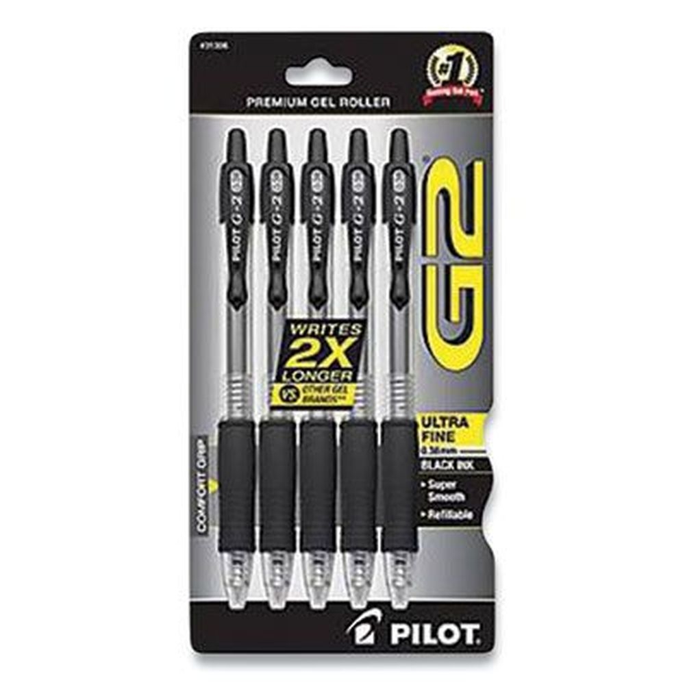 Pilot Extra Fine 0.38 mm Black Ink Clear/Black Barrel Retractable G2 Premium Gel Pen -- 5 per pack