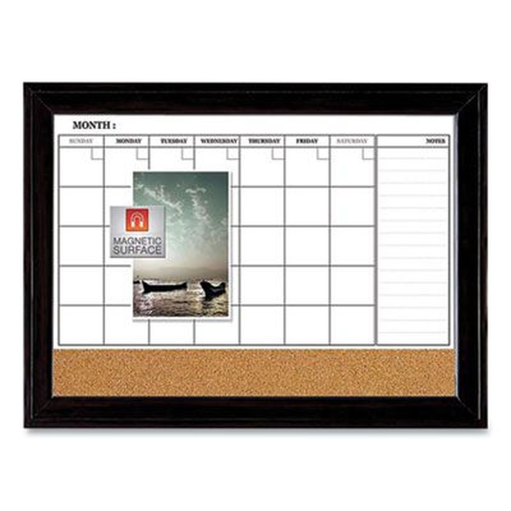 Quartet Natural/White Surface Black Wood Frame Magnetic Combination Dry Erase Calendar/Cork Board, 35 x 23 inch