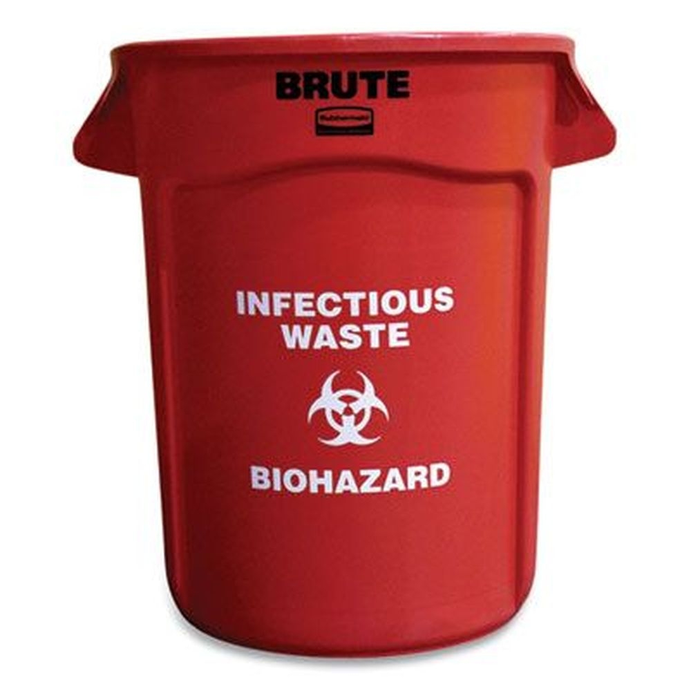 Rubbermaid Commercial Red Plastic Infectious Waste Biohazard Imprint Vented Round Brute Container, 32 Gallon