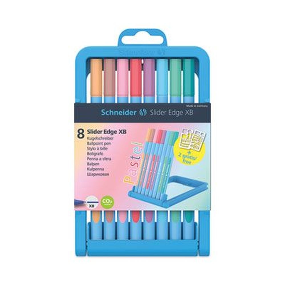 Schneider Slider Edge XB Pastel Assorted Ink/Barrel Colors Extra-Bold 1.4mm Ballpoint Stick Pen with Convertible Case/Stand -- 8 per set