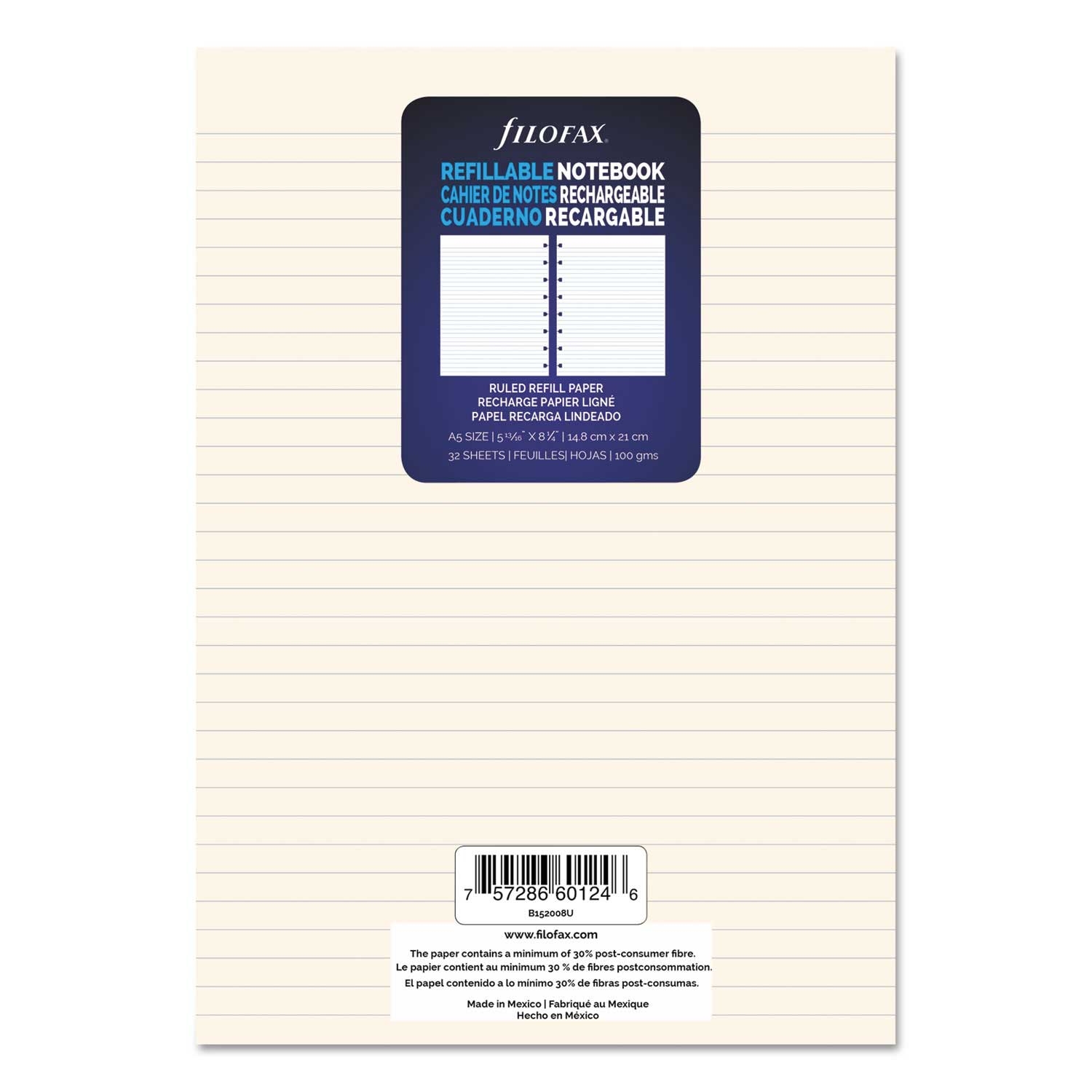 Filofax 8 Hole Narrow Rule A5 Notebook Refill, 8.25 x 5.81 inch - 32 per pack