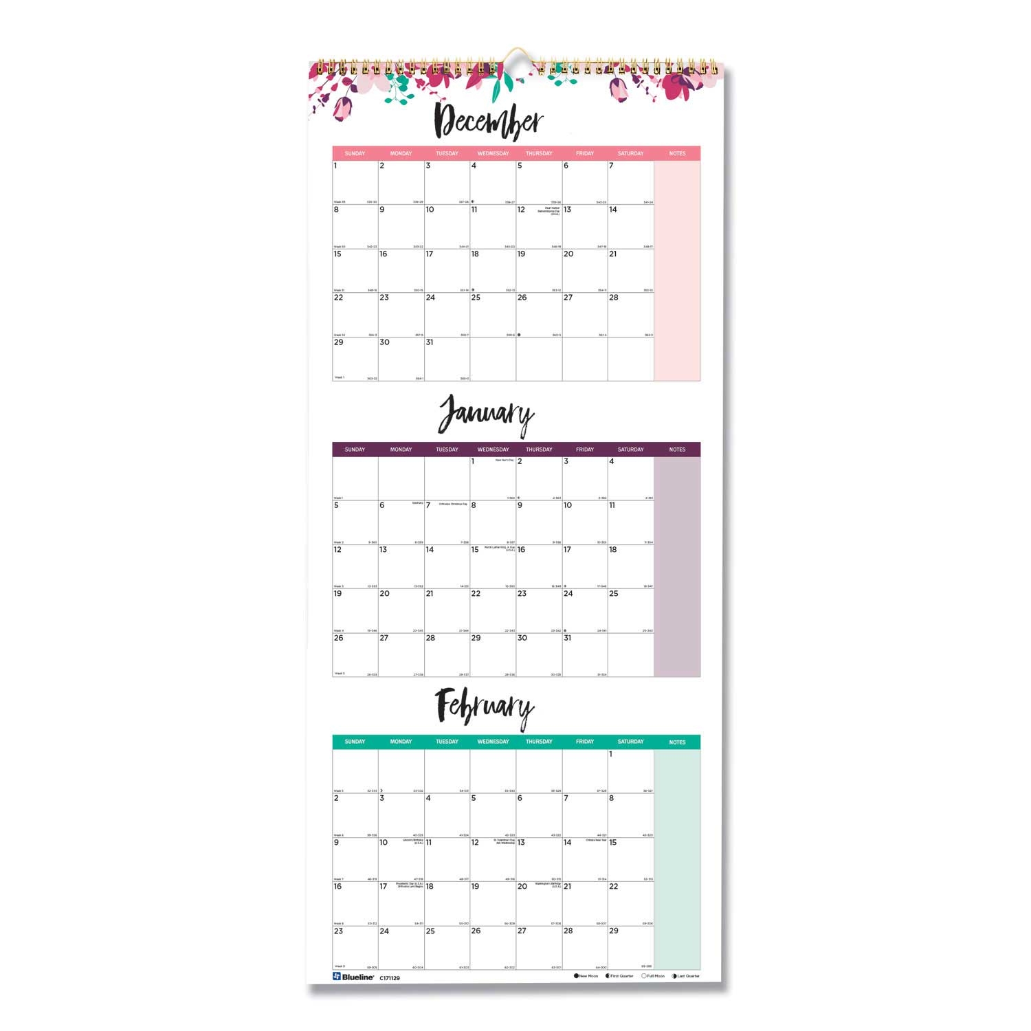 Blueline Edition Year 2021 Floral 3-Month Wall Calendar, 12.25 x 27 inch