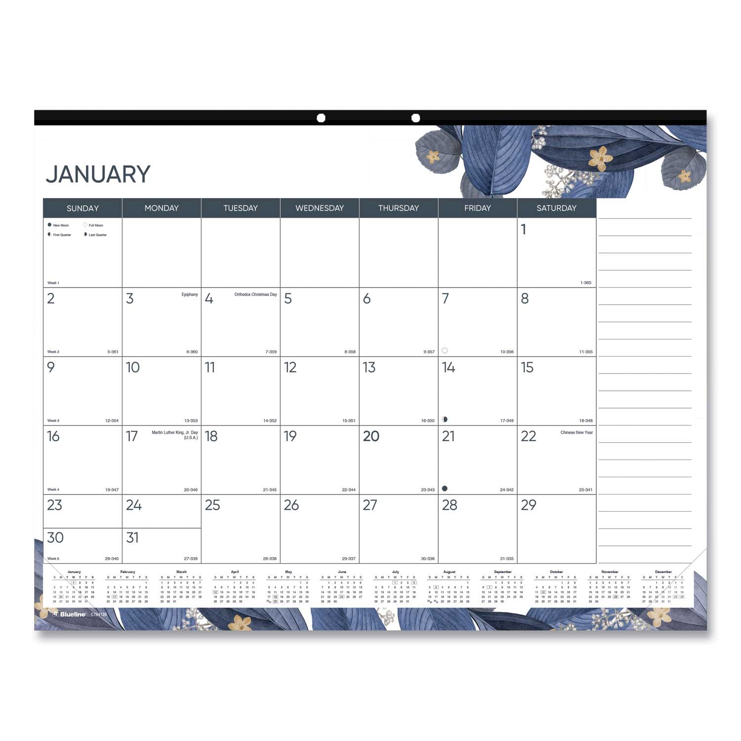 Blueline Gold Detail Floral Artwork Monthly Desk Pad Calendar, 22 x 17 inch