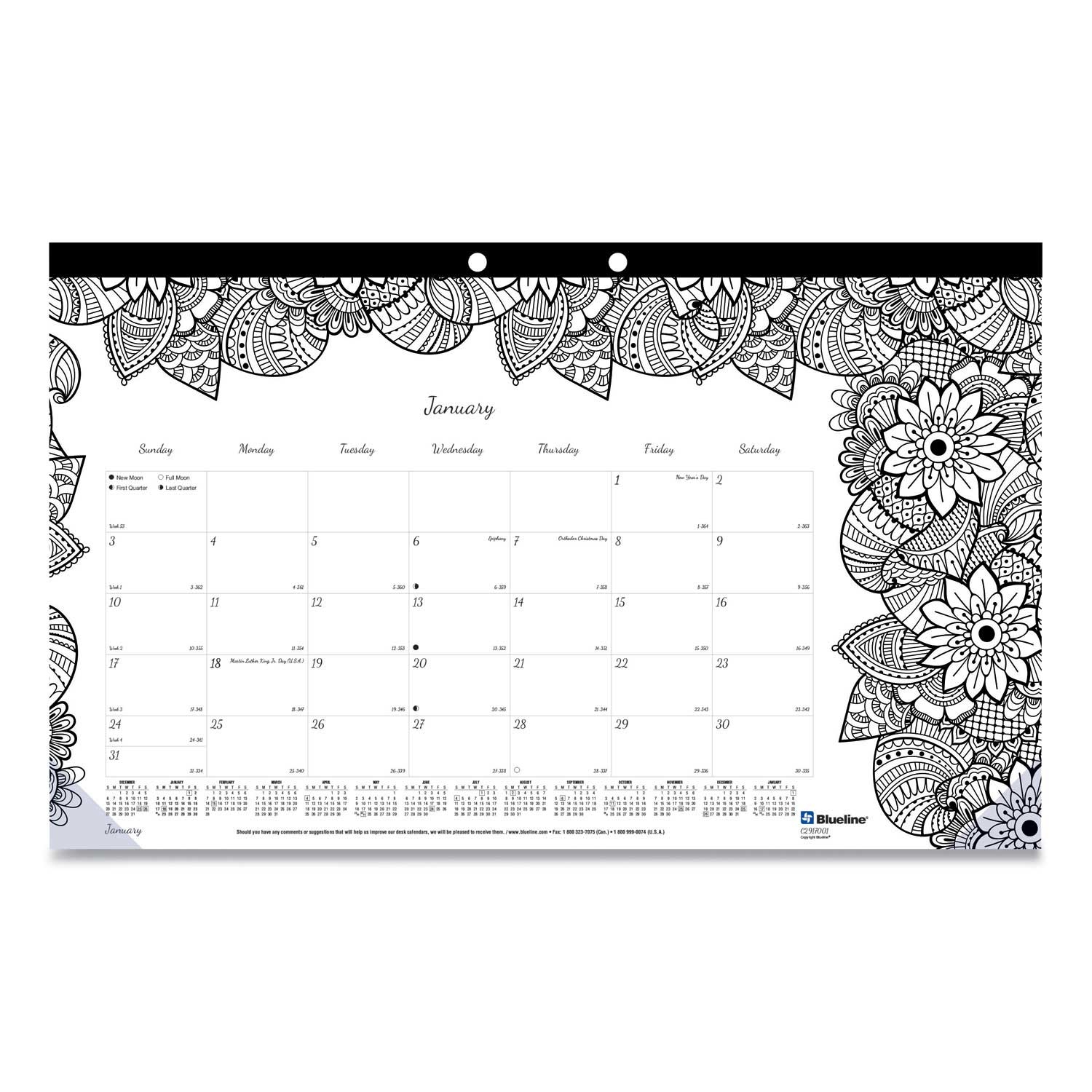 Blueline DoodlePlan 2021 Desk Calendar with Coloring Pages, 17.75 x 10.88 inch