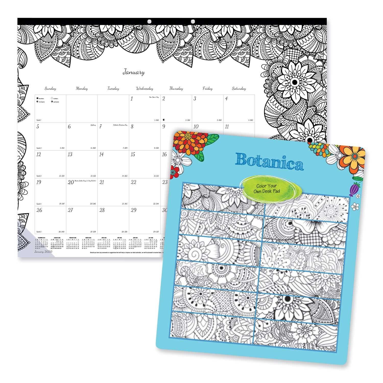 Blueline DoodlePlan 2021 Desk Pad Calendar with Coloring Pages, 22 x 17 inch