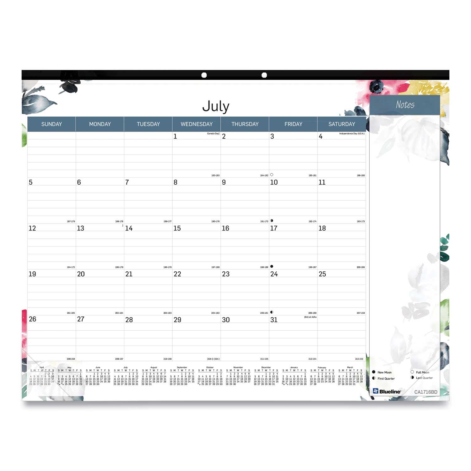Black Binding Flora Artwork Spring 18-Month Monthly Academic Desk Pad Calendar, 22 x 17 inch