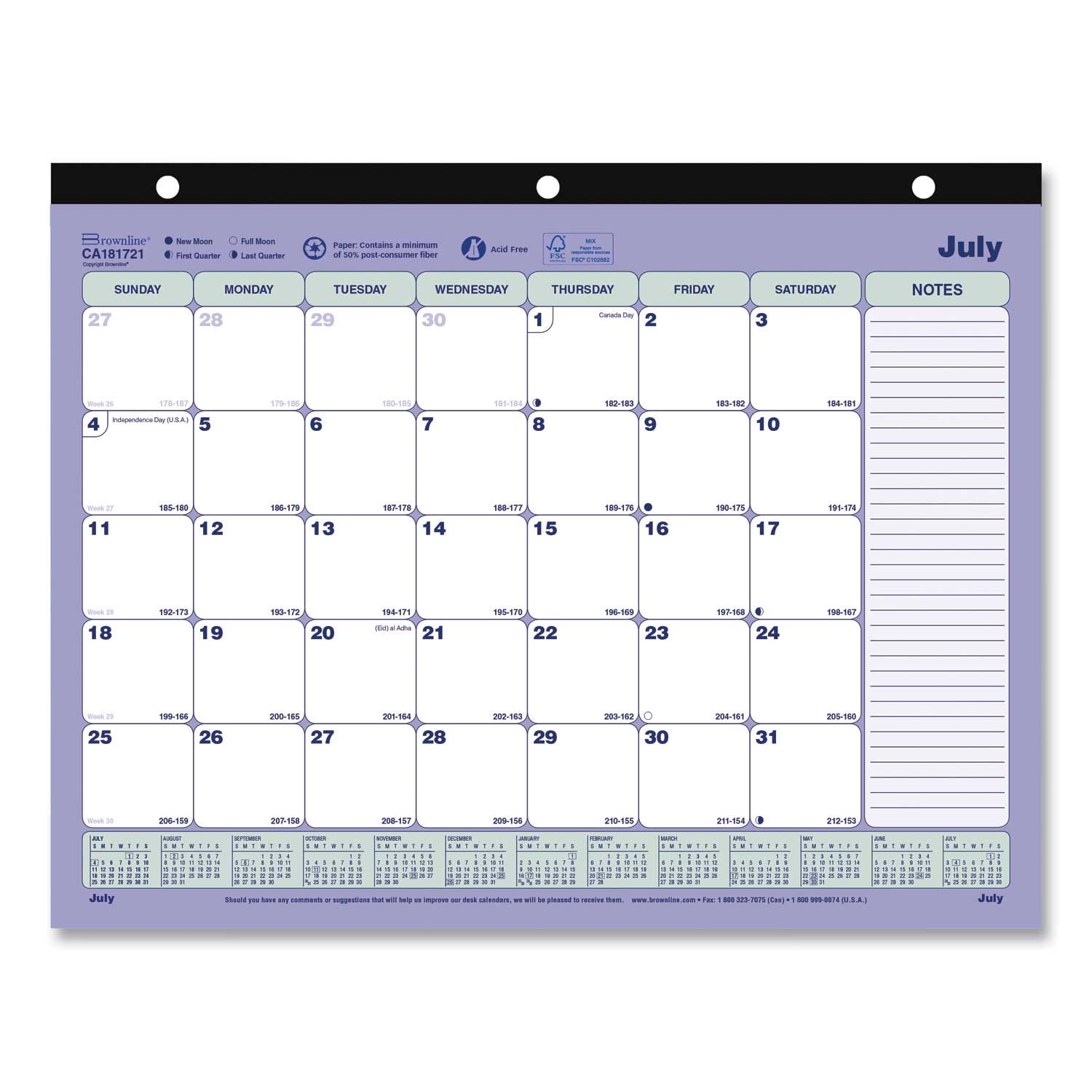 Brownline Black Binding Academic 13 Month Desk Pad Calendar, 11 x 8.5 inch