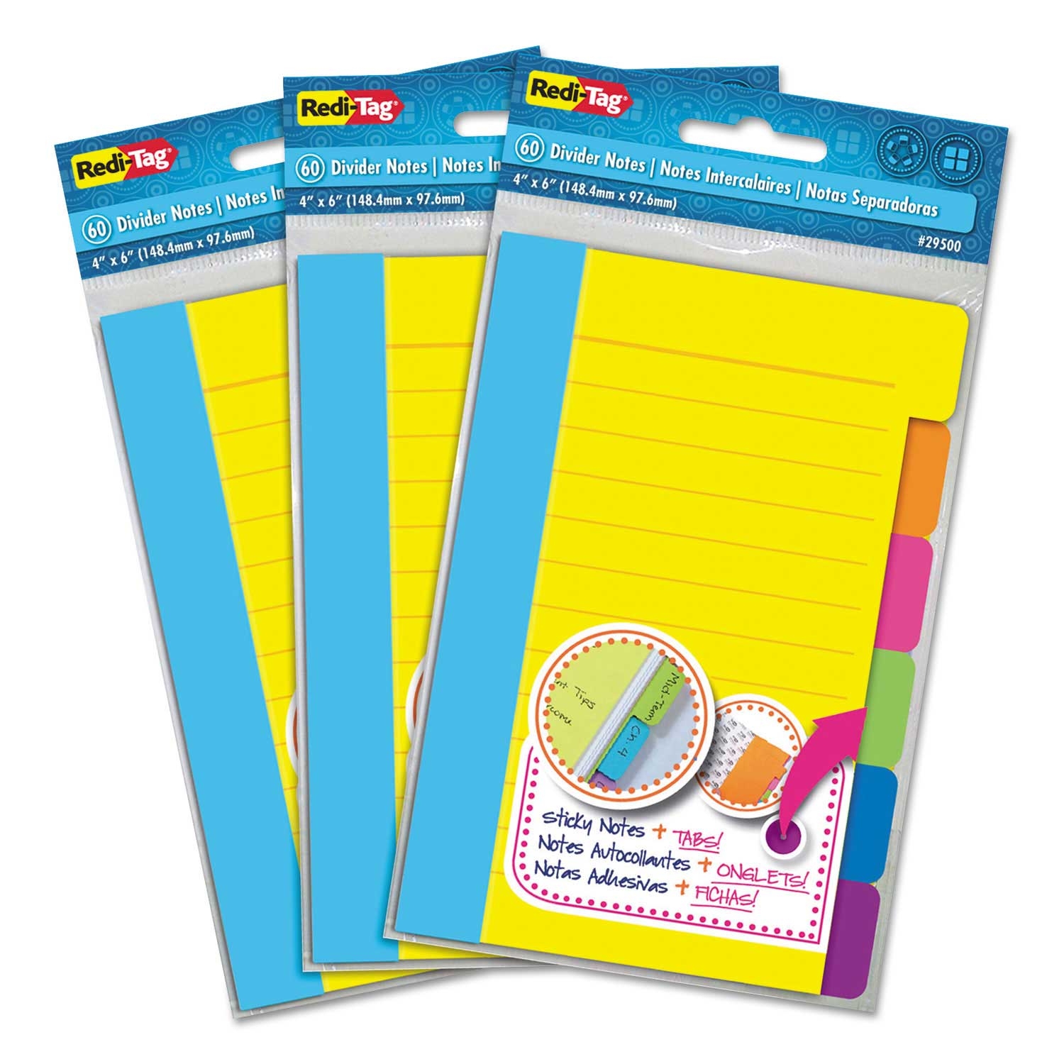 Redi Tag Assorted Colors 60 Sheets Divider Sticky Note with Tabs - 60 sheets per set -- 3 sets per box.