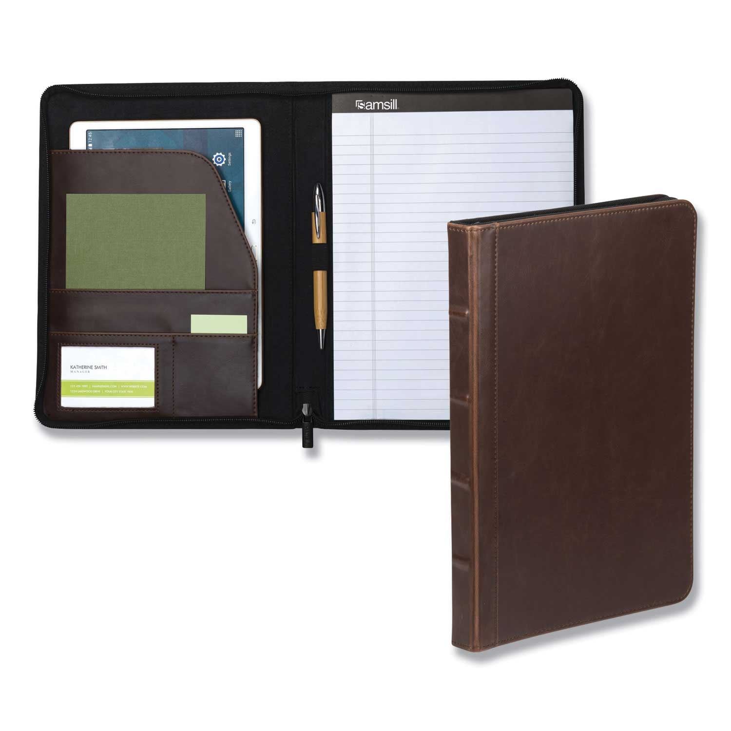 Samsill Vinyl Dark Brown Vintage Hardback Zipper Portfolio, 11 x 8 1/2 inch