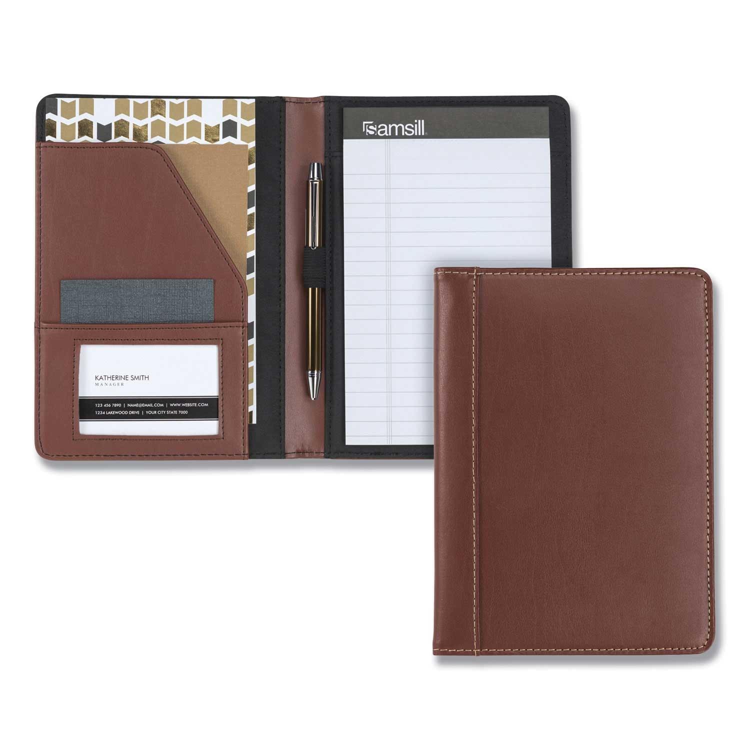 Samsill Brown Open Style Contrast Stitch Padfolio, 6 1/4 x 8 3/4 inch