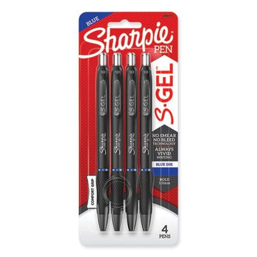 Sharpie S-Gel Bold 1 mm Retractable Black Barrel Blue Ink High Performance Gel Pen -- 4 per pack