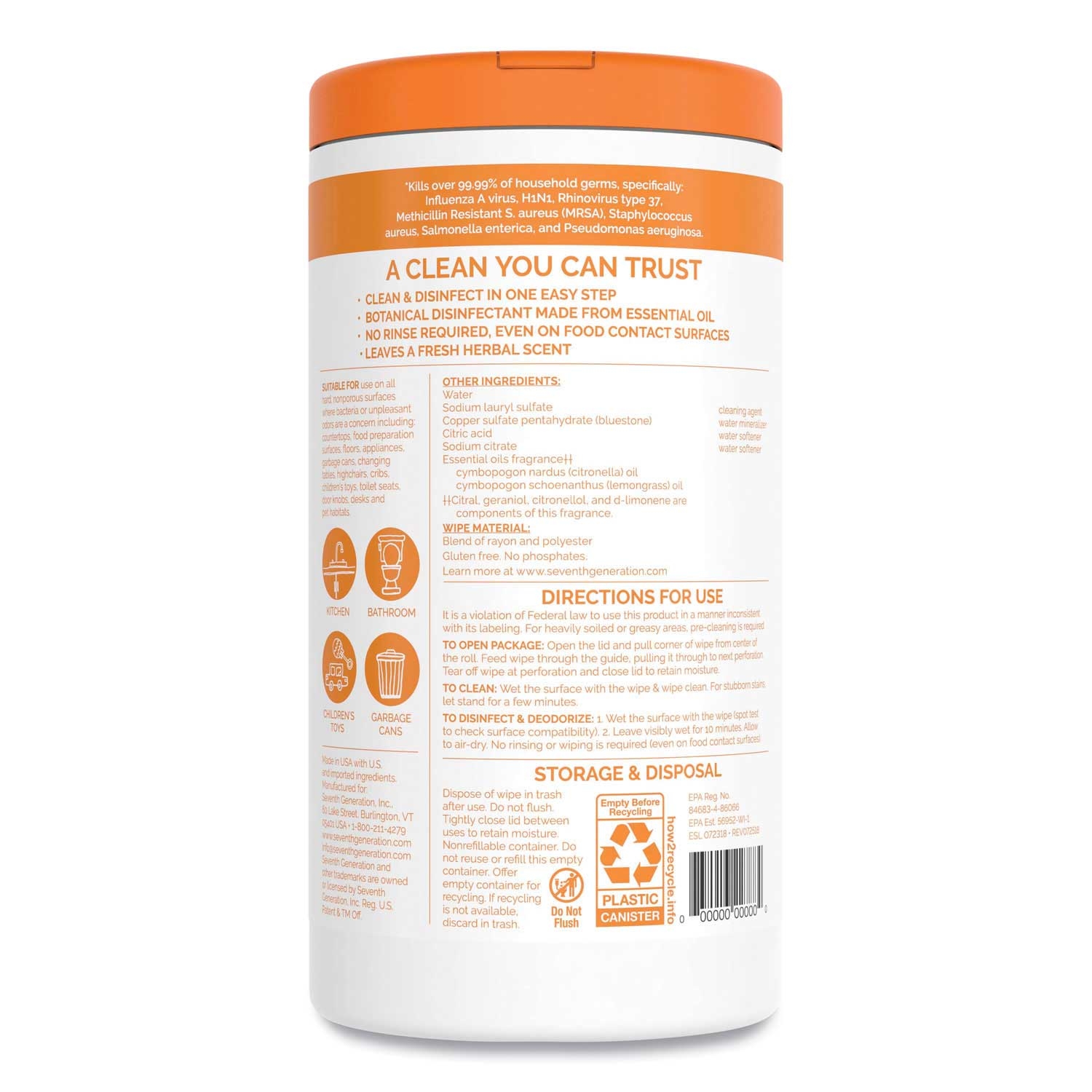 Seventh Generation Multi Surface Disinfecting Wipe, 70 count canister